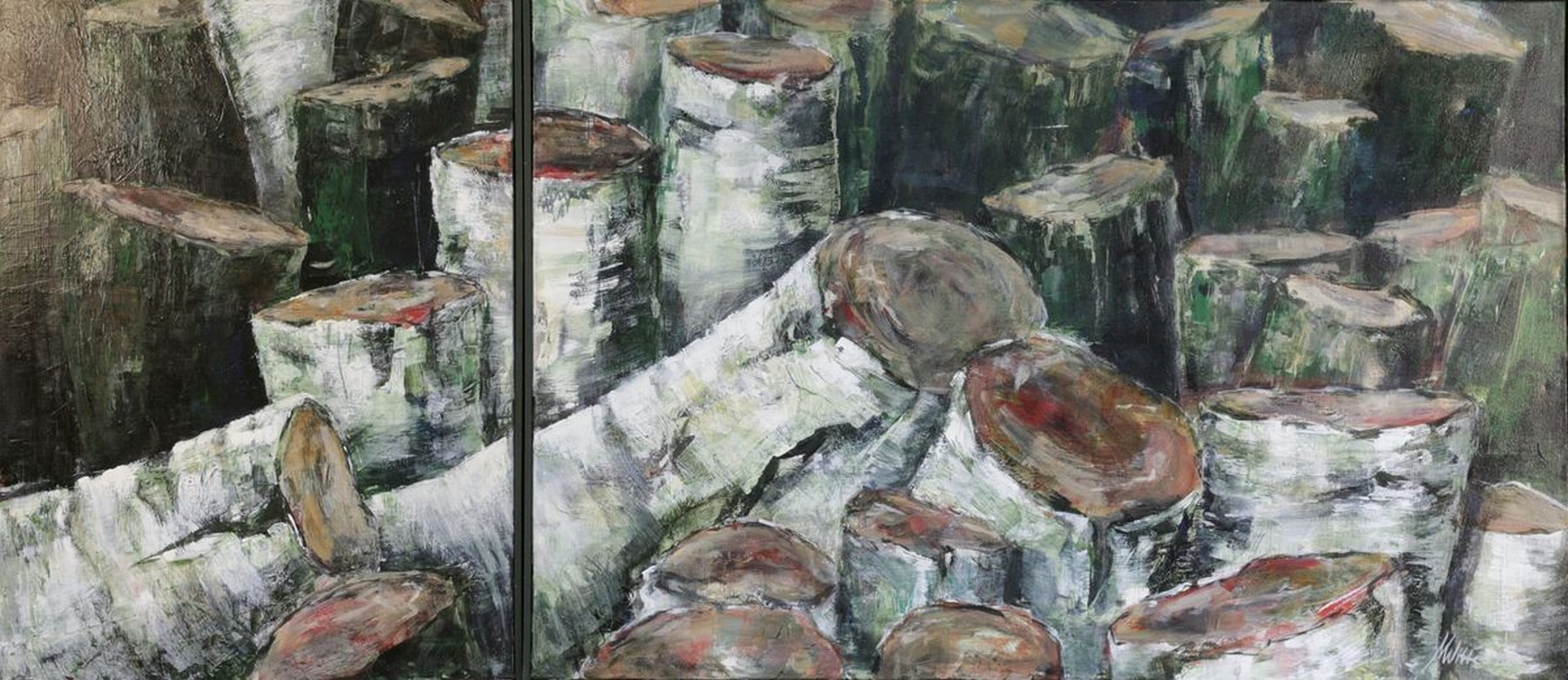 M. Witte, zeitgen. Künstler, Baumstämme, zweiteiliges Gemälde in Öl/Lwd, rechts unten signiert und dat. 2000, ca. 80x120cm und 80x60cm
