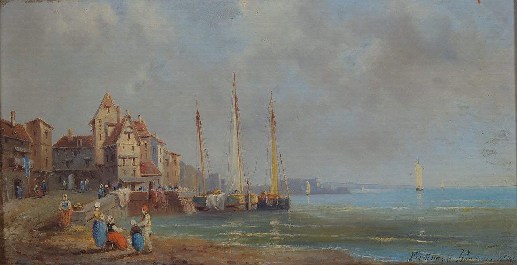 Ferdinand Bonheur, 1817-1887, mediterrane Hafenansicht mit bewegter Staffage, rechts unten signiert u. datiert 1873, Öl/Holz, verso mit schlichter ...