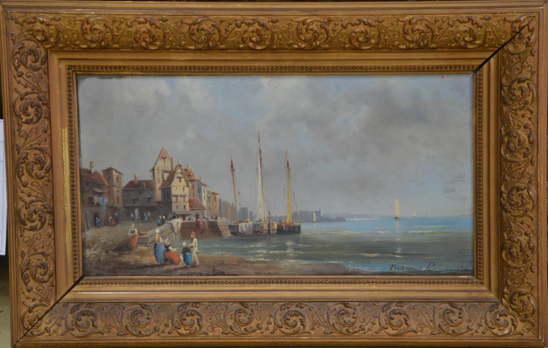 Detail b: Ferdinand Bonheur, 1817-1887, mediterrane Hafenansicht mit bewegter Staffage, rechts unten signiert u. datiert 1873, Öl/Holz, verso mit schlichter ...