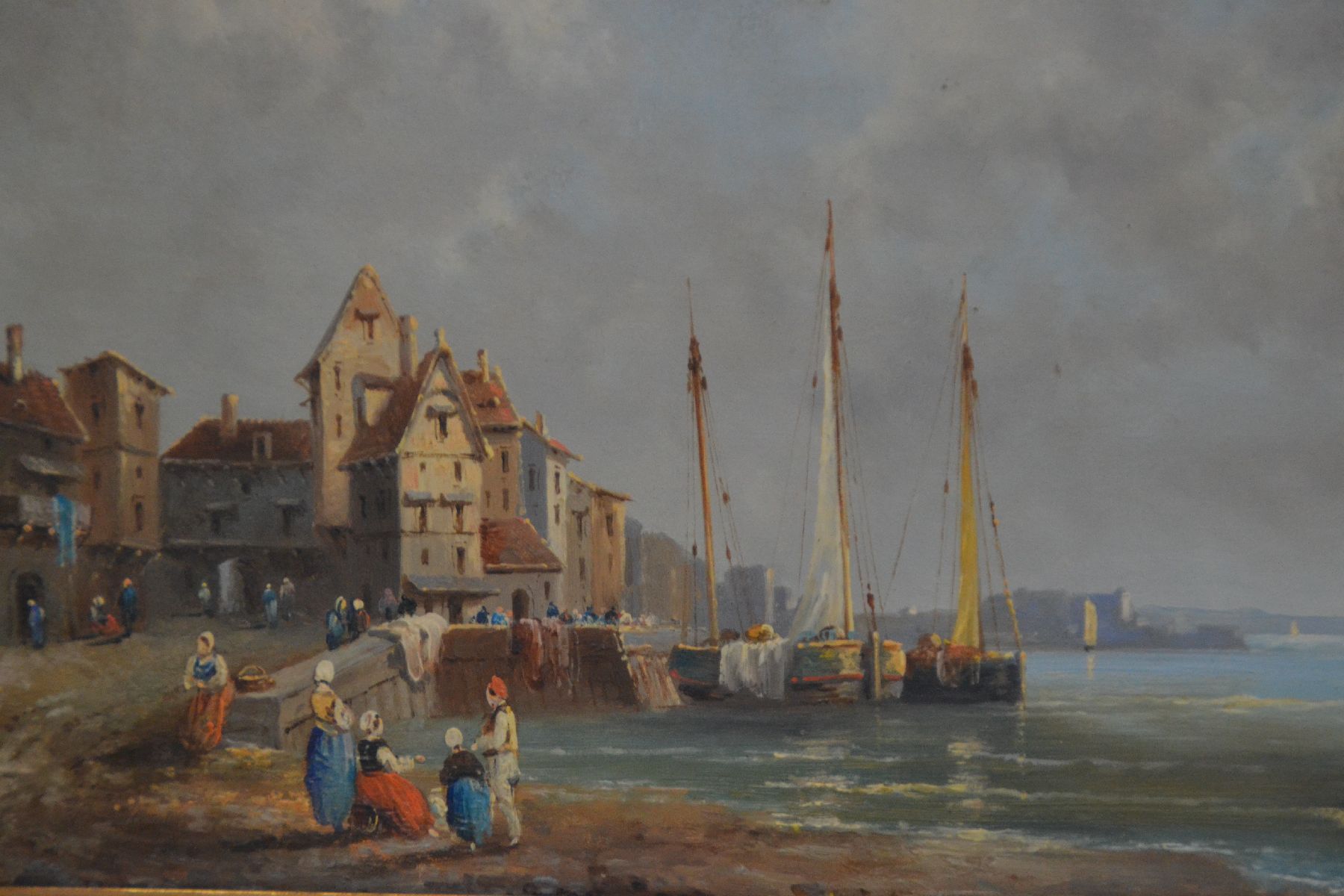 Detail e: Ferdinand Bonheur, 1817-1887, mediterrane Hafenansicht mit bewegter Staffage, rechts unten signiert u. datiert 1873, Öl/Holz, verso mit schlichter ...