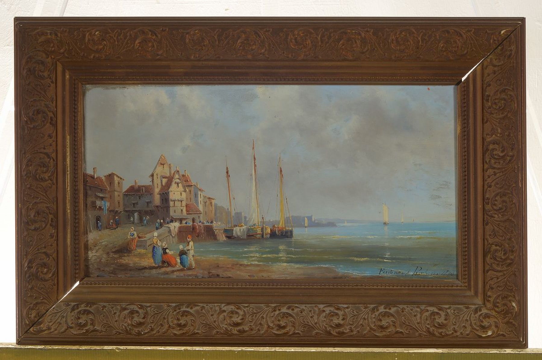 Detail k: Ferdinand Bonheur, 1817-1887, mediterrane Hafenansicht mit bewegter Staffage, rechts unten signiert u. datiert 1873, Öl/Holz, verso mit schlichter ...