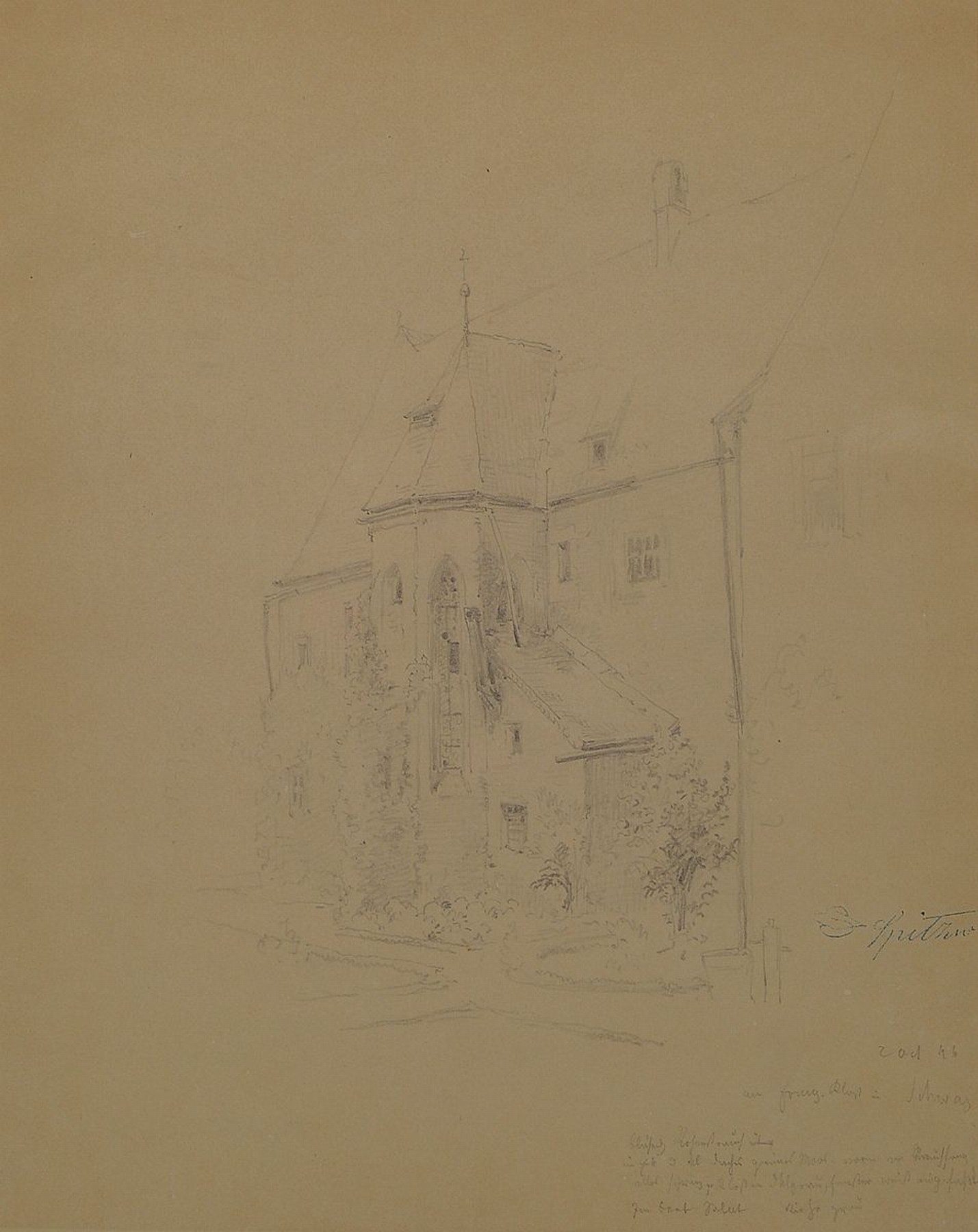 Carl Spitzweg, 1808 München-1885, Blick auf ein bewachsenes Gebäude, Bleistift auf Papier, seitlich rechts Signaturstempel, ca. 27x21cm, PP, u.Gl., ...