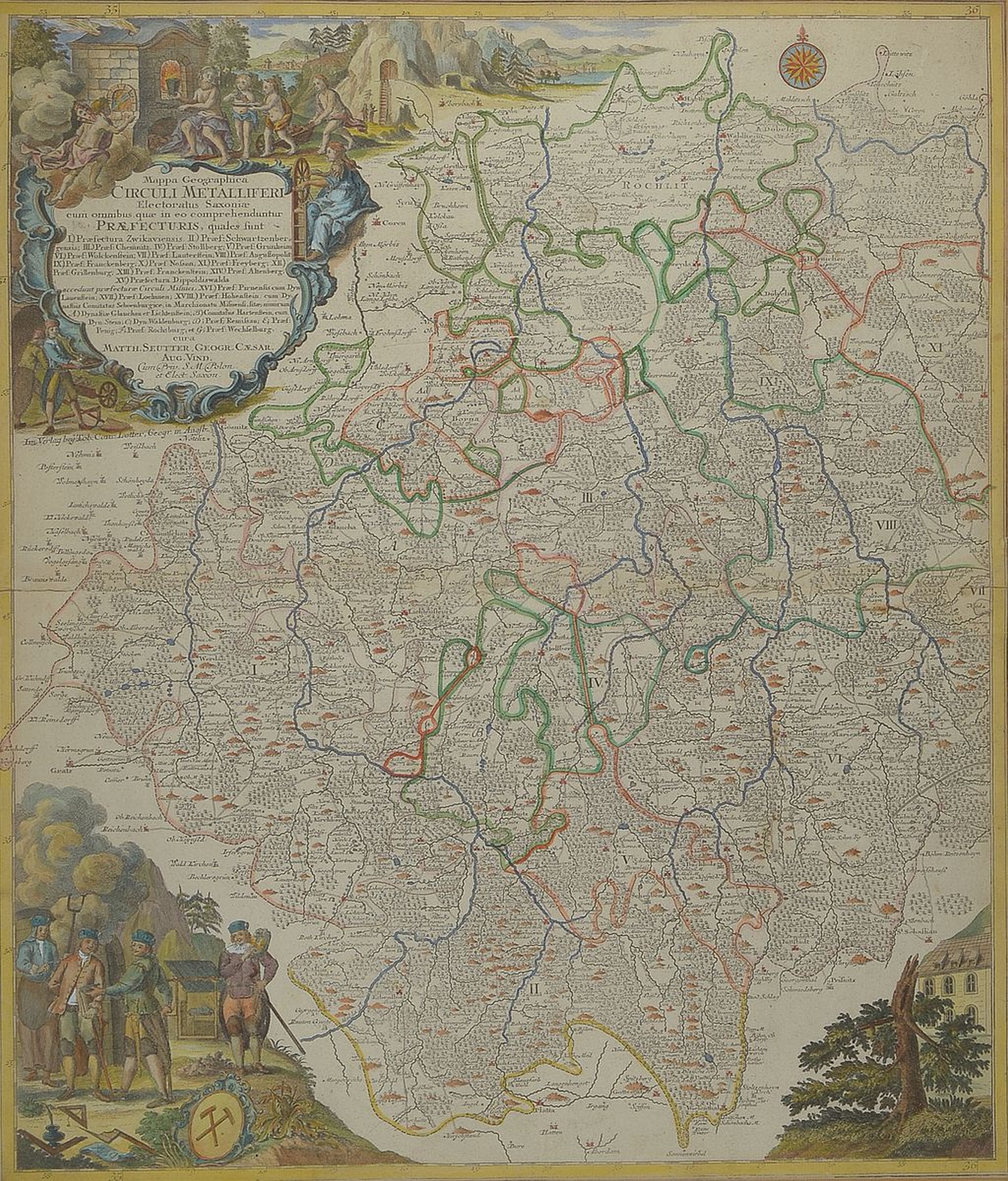 3 Kupferstichkarten von Sachsen, 18.Jh., sächsisches Bergbaugebiet "Circuli Metalliferi", Sachsen u. Umgebung "Saxoniae Inferioris ...