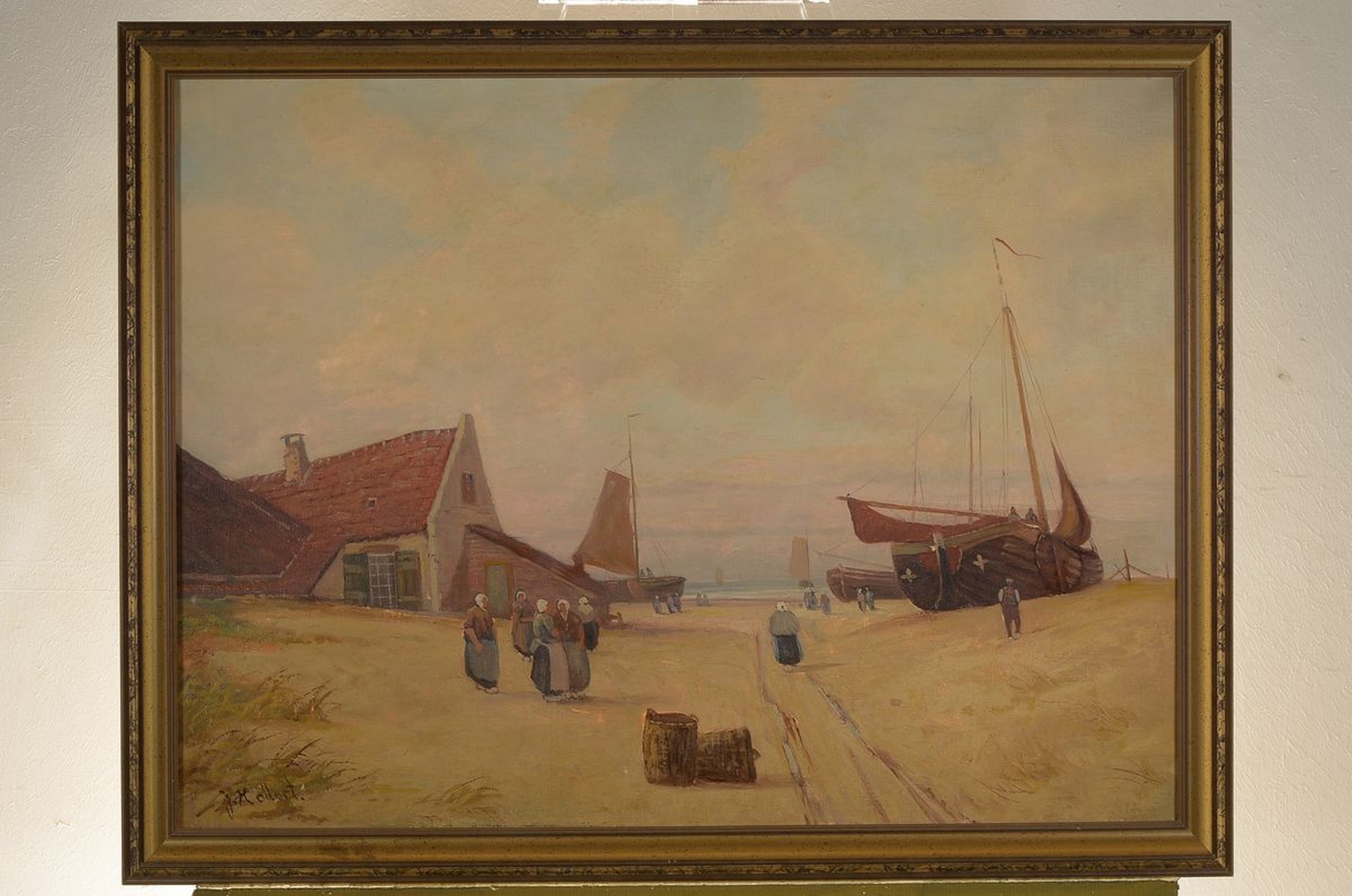Detail k: Julius Hollert, norddeutscher Maler des 19. Jh., Fischerboote auf dem Strand vor dem Dorf, Öl/Lwd, links unten signiert, ca. 60x80cm, R.