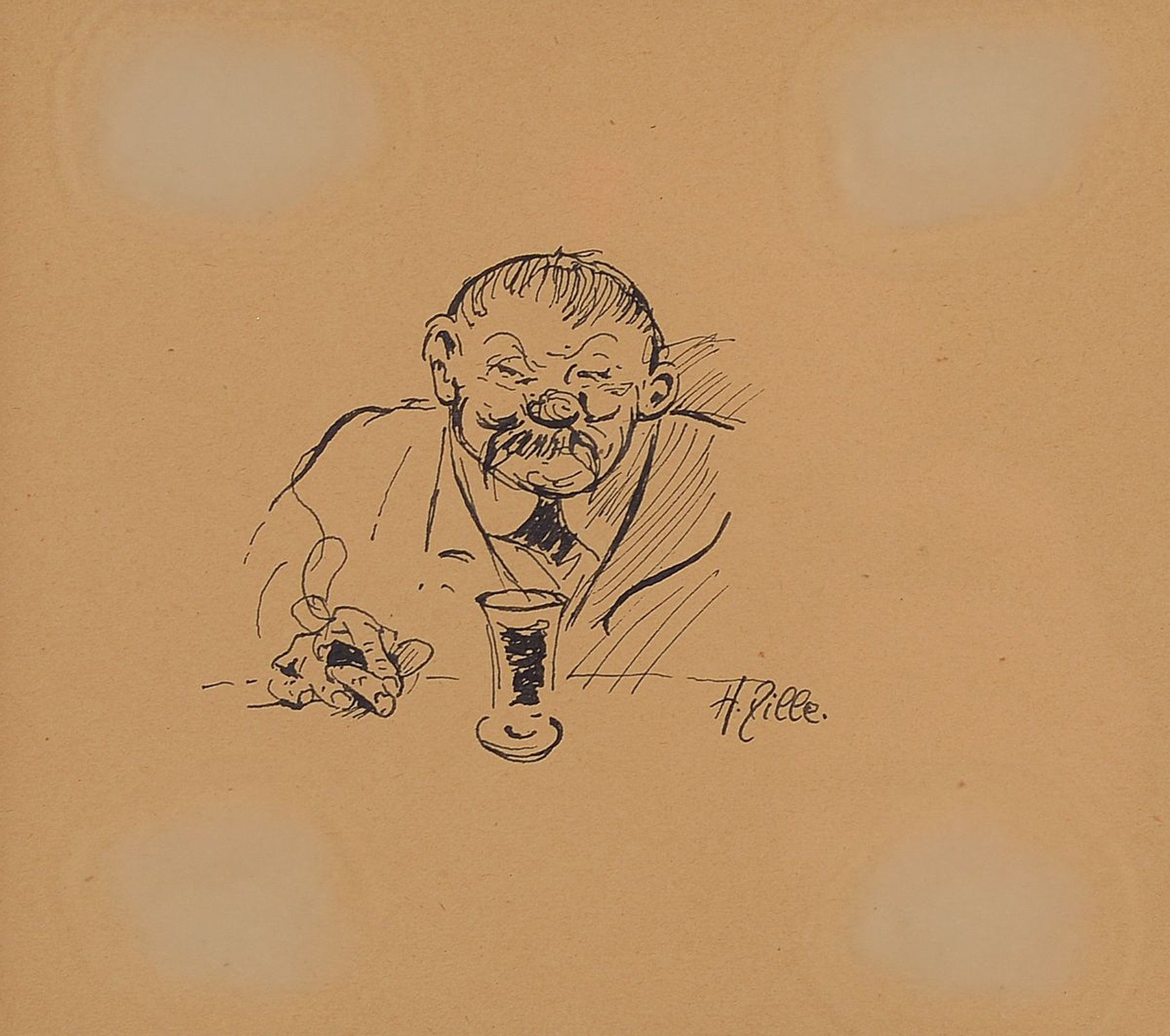 Heinrich Zille, 1858-1929, Federzeichnung, Porträt eines rauchenden Herren vor Likörglas, rechts unten sign., unter Glas gerahmt, ca. 26x31 cm