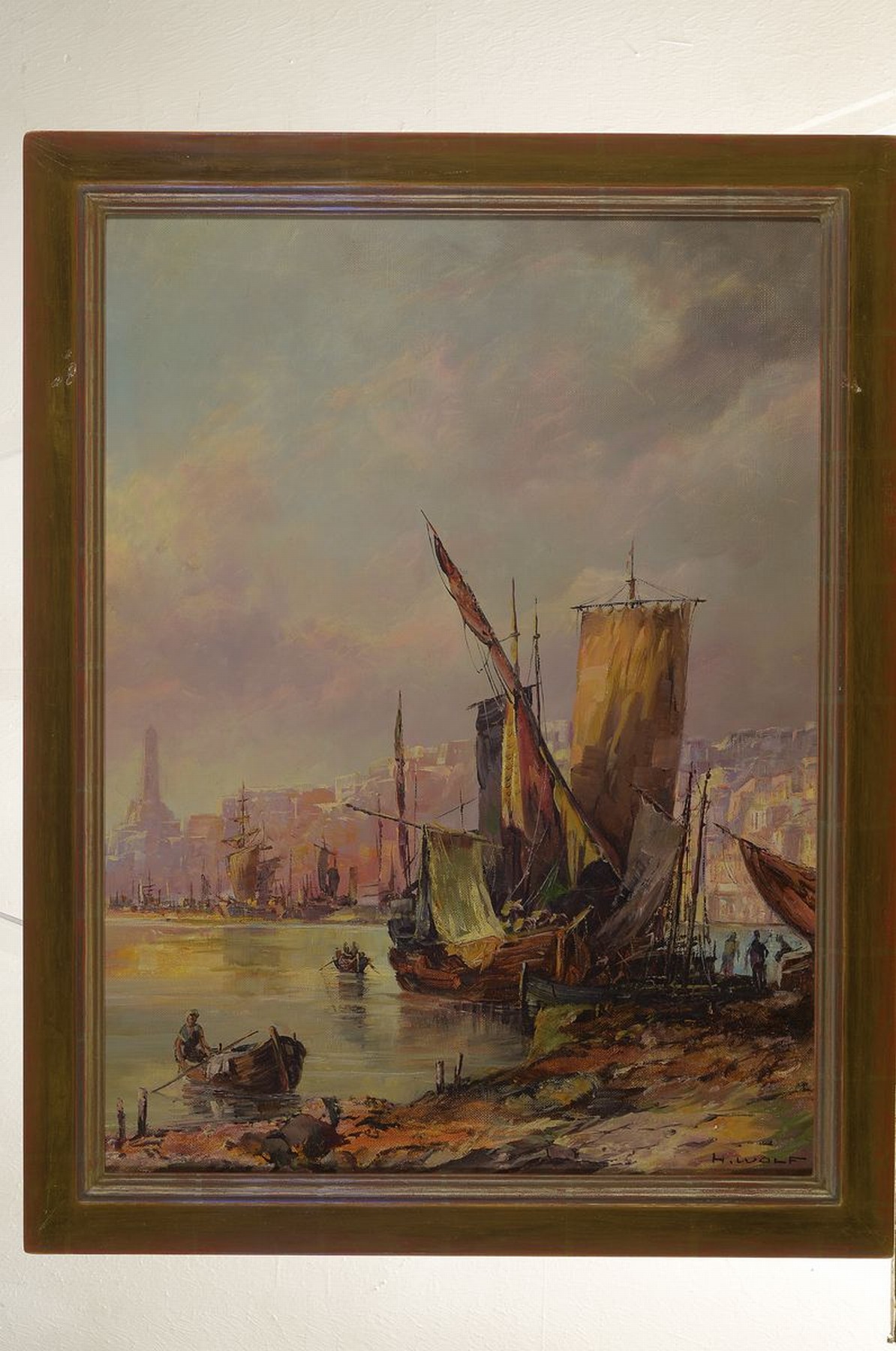 Detail k: Heinz Wolf, 1920-1991, Frankfurt/M., Hafenansicht mit Fischerbooten, Öl/Malkarton, rechts unten signiert, ca. 60x45cm, R. ca. 67x53cm