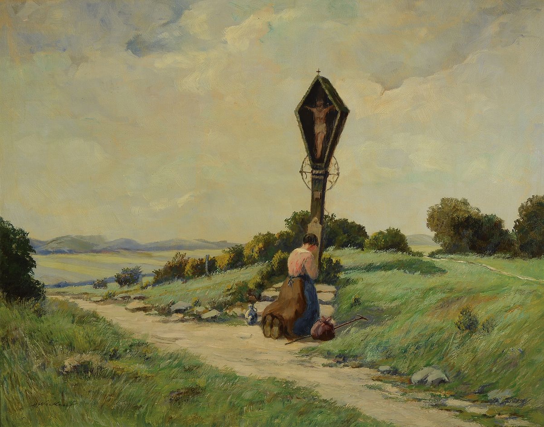 Heinrich Weckauf, 1885-1963, deutsche Landschaftsmaler, Junge Frau vor einem Flurkreuz/Bildstock, leicht erhöhte Szene eingebunden in weite ...