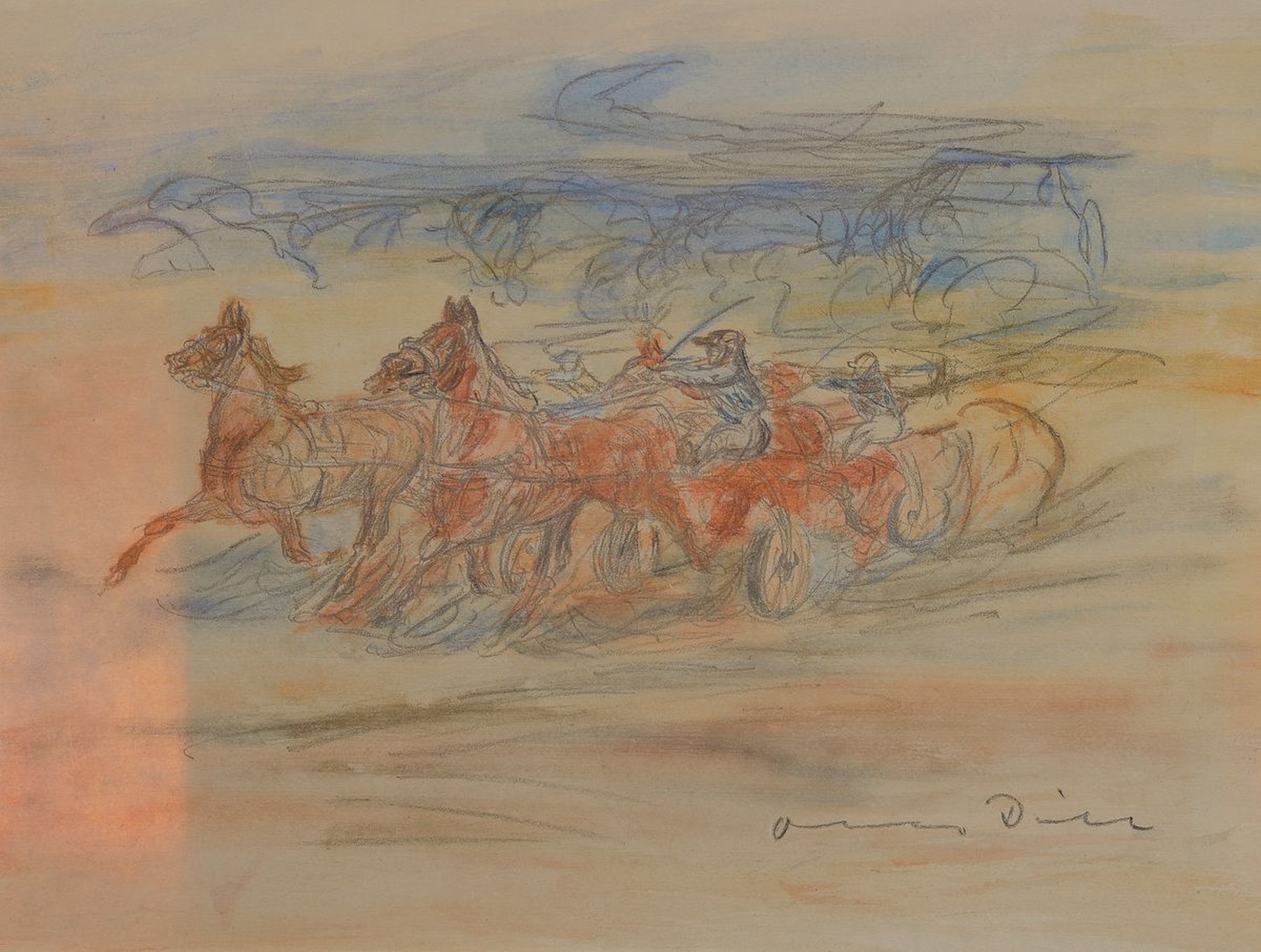 Otto Dill, 1884 Neustadt - 1957 Bad Dürkheim, aquarellierte Zeichnung, Trabrennen, re. unten signiert, ca. 30 x 40 cm, dazu zwei Bücher: ...