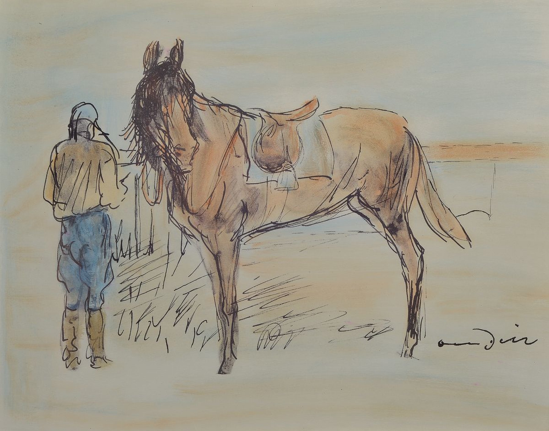 Detail b: Otto Dill, 1884 Neustadt - 1957 Bad Dürkheim, aquarellierte Zeichnung, Trabrennen, re. unten signiert, ca. 30 x 40 cm, dazu zwei Bücher: ...
