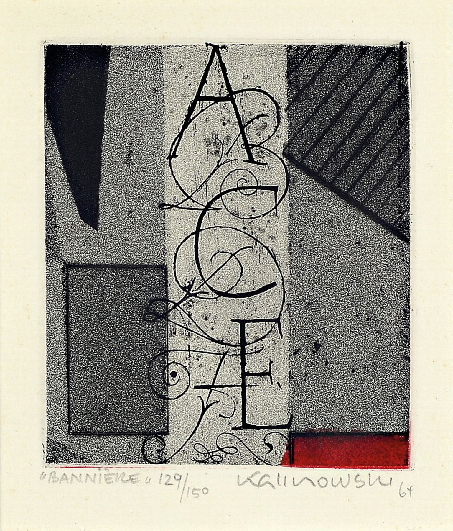 Horst Egon Kalinowski, 1924-2013, 3 Grafiken, 1x "Banniere", sign., dat. 64, num. 129/150, unter Glas, ca. 25x23 cm; 1x sign., dat.65, num. ...