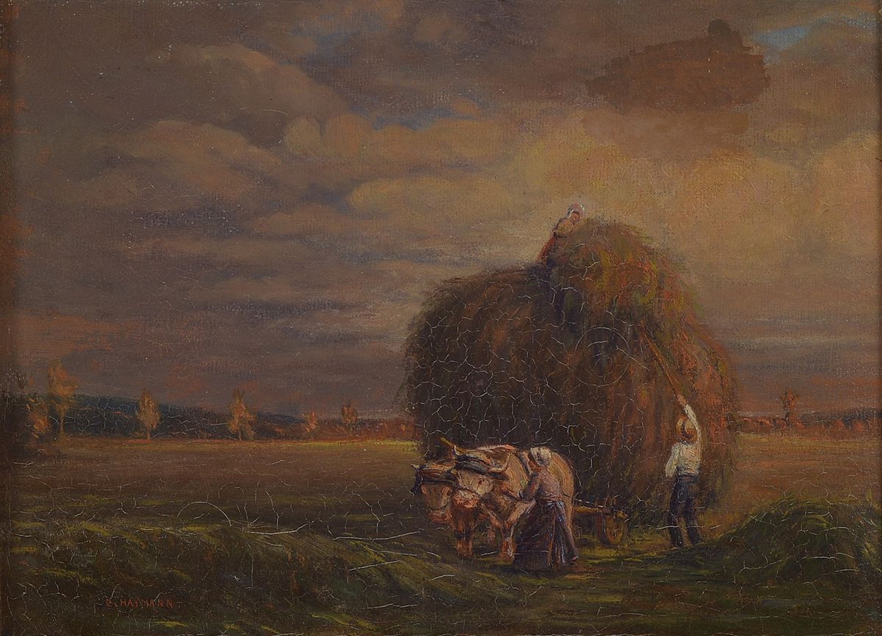 Ernst Haymann, 1873-1947 München, Studium u.a. an der Akademie München bei Julius Diez, Heuernte in Bayern, Öl/Lwd, links unten signiert, ca. ...