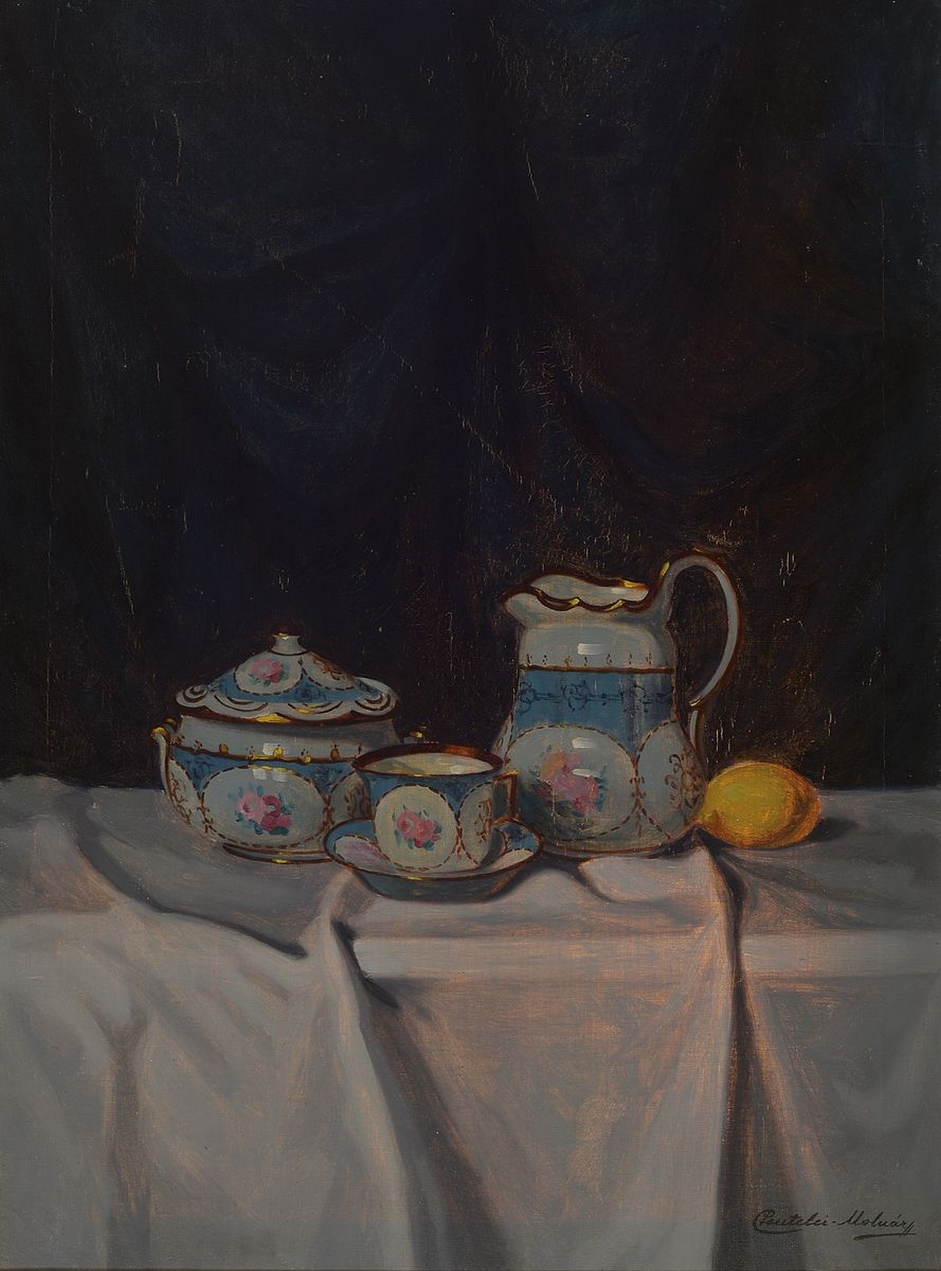 Janos Pentelei-Molnar, 1878 Dunapentele- -1924 Bekesgyula, Ungarn, Stillleben mit Kaffeegeschirr und Zitrone, Öl/Lwd, rechts unten signiert, ca. ...