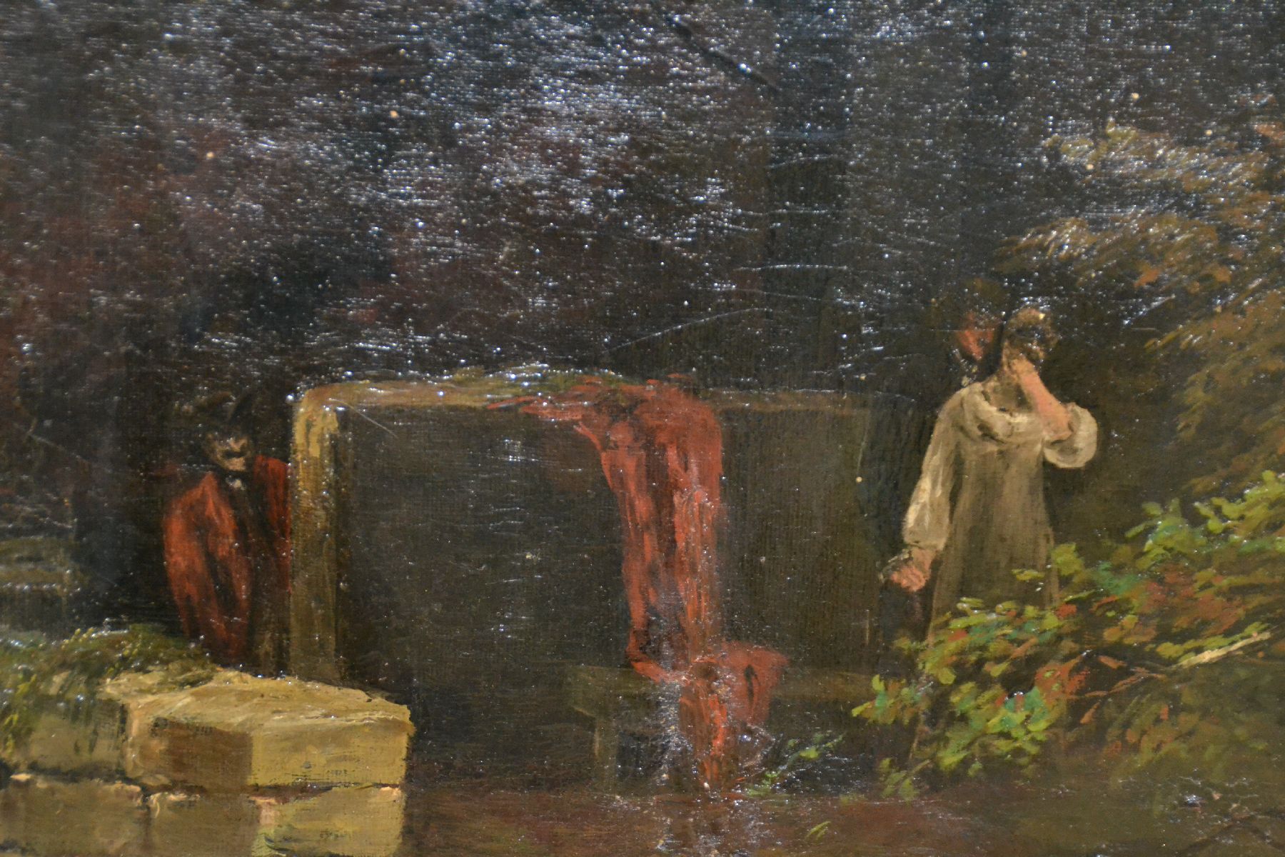 Detail c: Eickholt, datiert (19)07, Gewitterstimmung über einer Burg, im Burghof ein junges Paar, das von einem Dritten beobachtet wird, Öl/Lwd, rechts unten ...