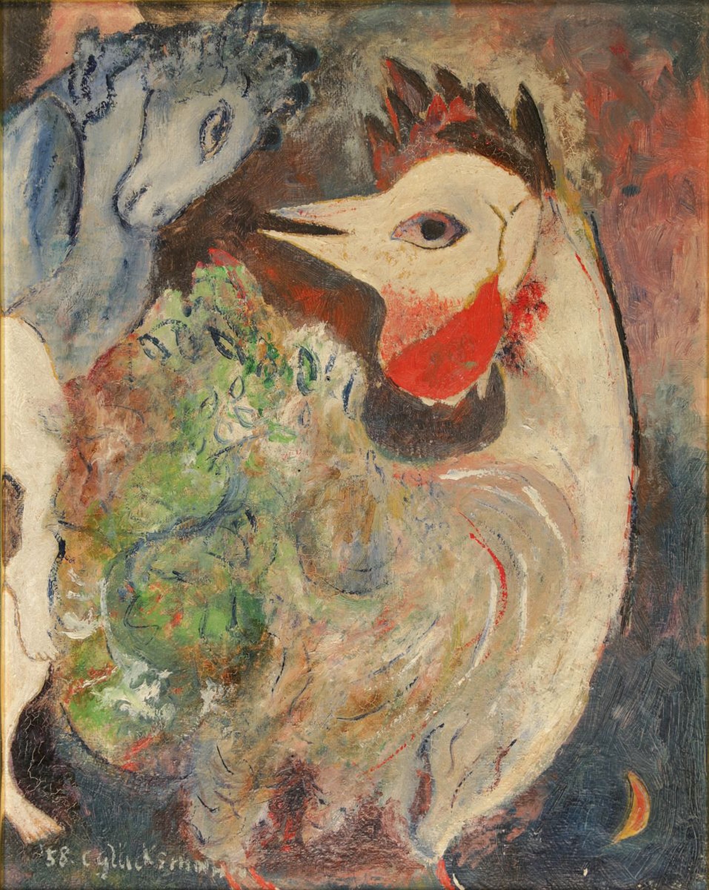 C. Glücksmann, datiert (19)58, Pferd und Hahn, Gemälde in der Art des Marc Chagall, Öl/Hartfaser, links unten signiert und datiert, ca. 50x40cm, ...