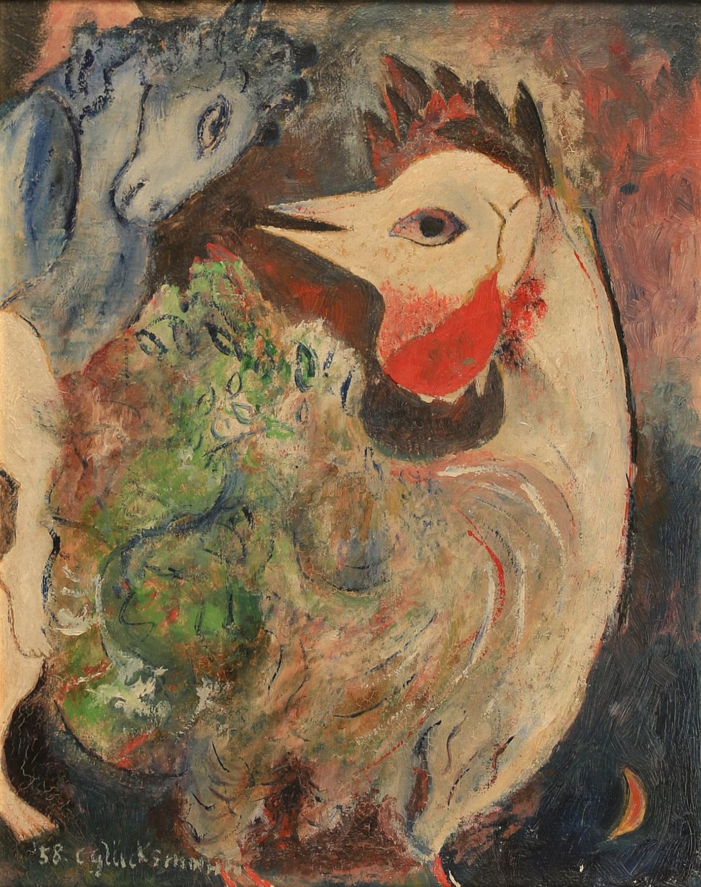 Detail a: C. Glücksmann, datiert (19)58, Pferd und Hahn, Gemälde in der Art des Marc Chagall, Öl/Hartfaser, links unten signiert und datiert, ca. 50x40cm, ...