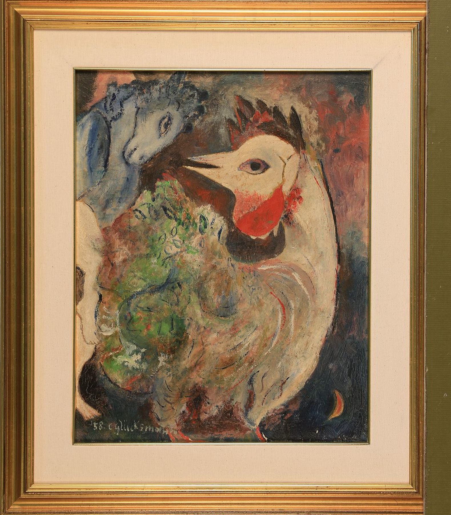 Detail l: C. Glücksmann, datiert (19)58, Pferd und Hahn, Gemälde in der Art des Marc Chagall, Öl/Hartfaser, links unten signiert und datiert, ca. 50x40cm, ...