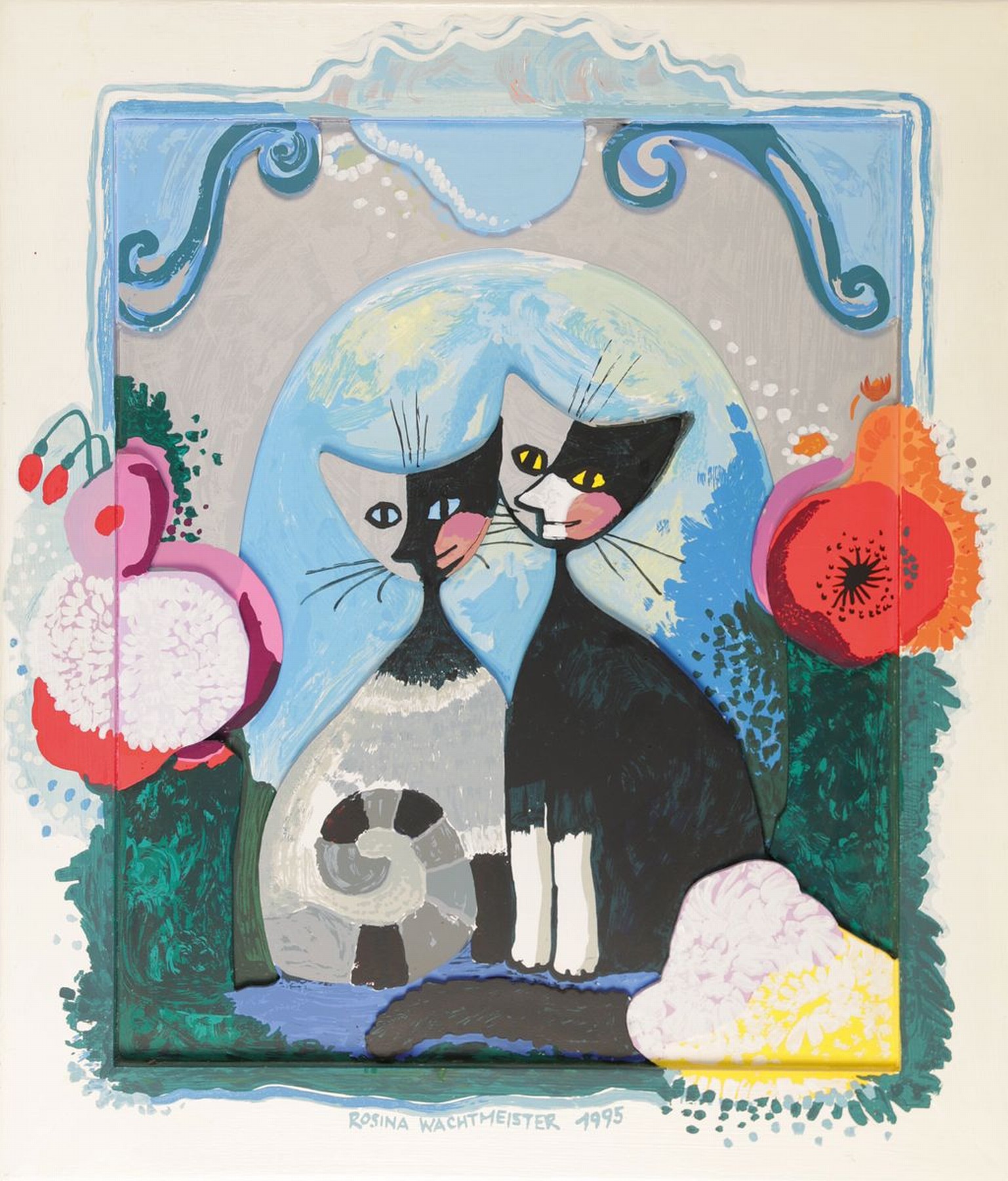 Rosina Wachtmeister, geb. 1939 Wien, Katzenpaar, Acryl auf Holz, in drei Ebenen, wobei der Rahmen integriert und bemalt wurde, signiert und dat. ...