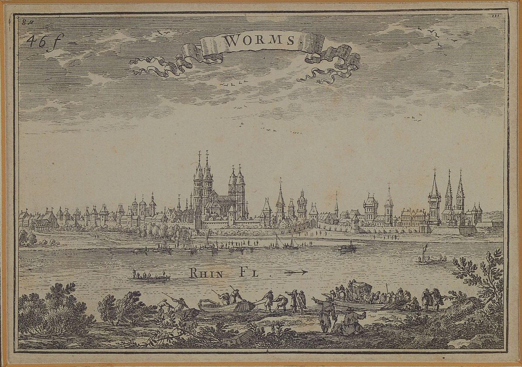 Konvolut aus 4 Kupferstichkarten, 18.Jh., Darstellungen der drei Schum-Städte bzw. Königspfalzen entlang des Rheins Worms (2x), Mainz und Speyer, ...
