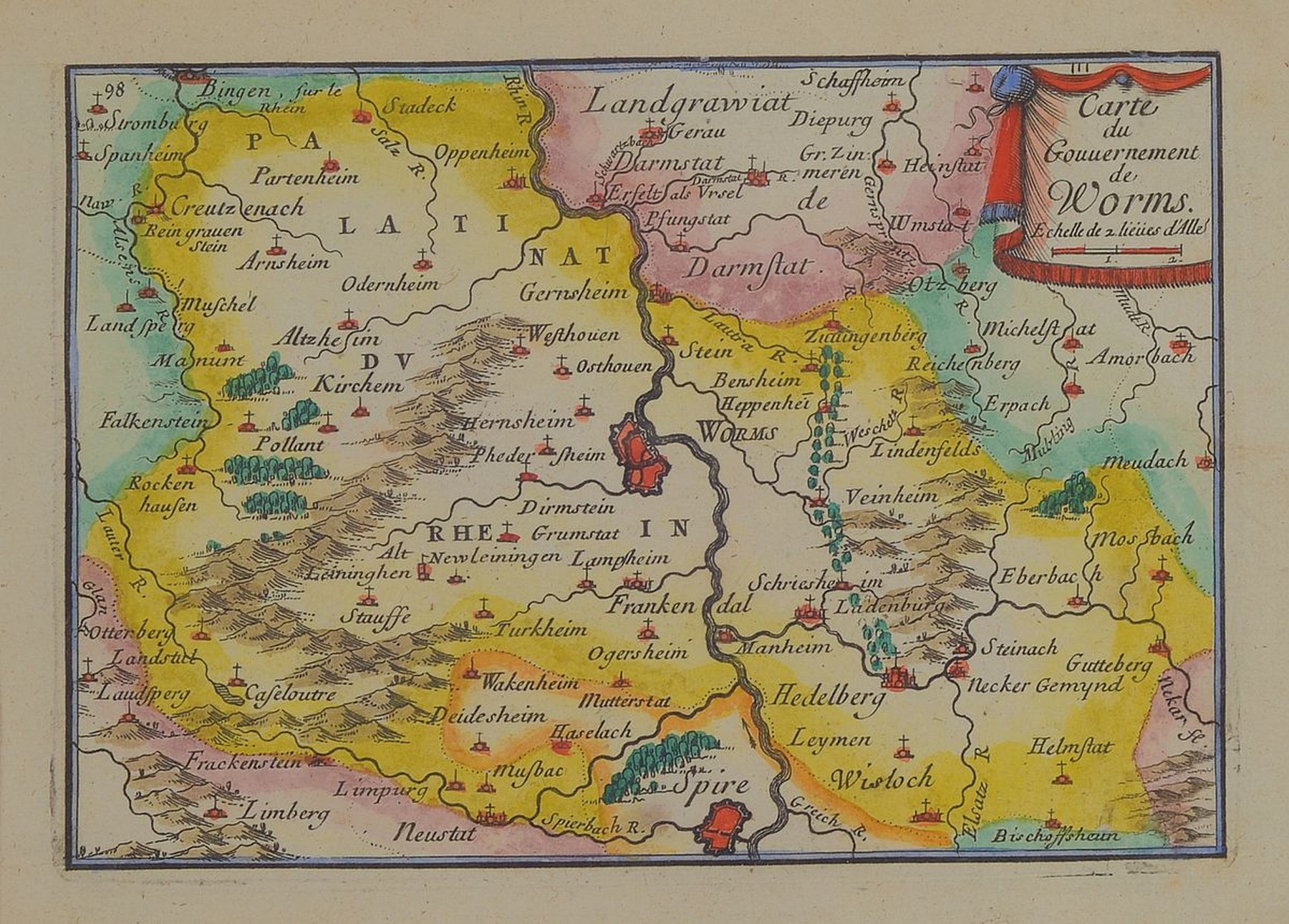 Detail a: Konvolut aus 7 Kupferstichkarten, nach Matthäus Merian, 17./18.Jh., Städte entlang der Weinstraße u. der Pfalz: Germersheim, Neustadt an der ...