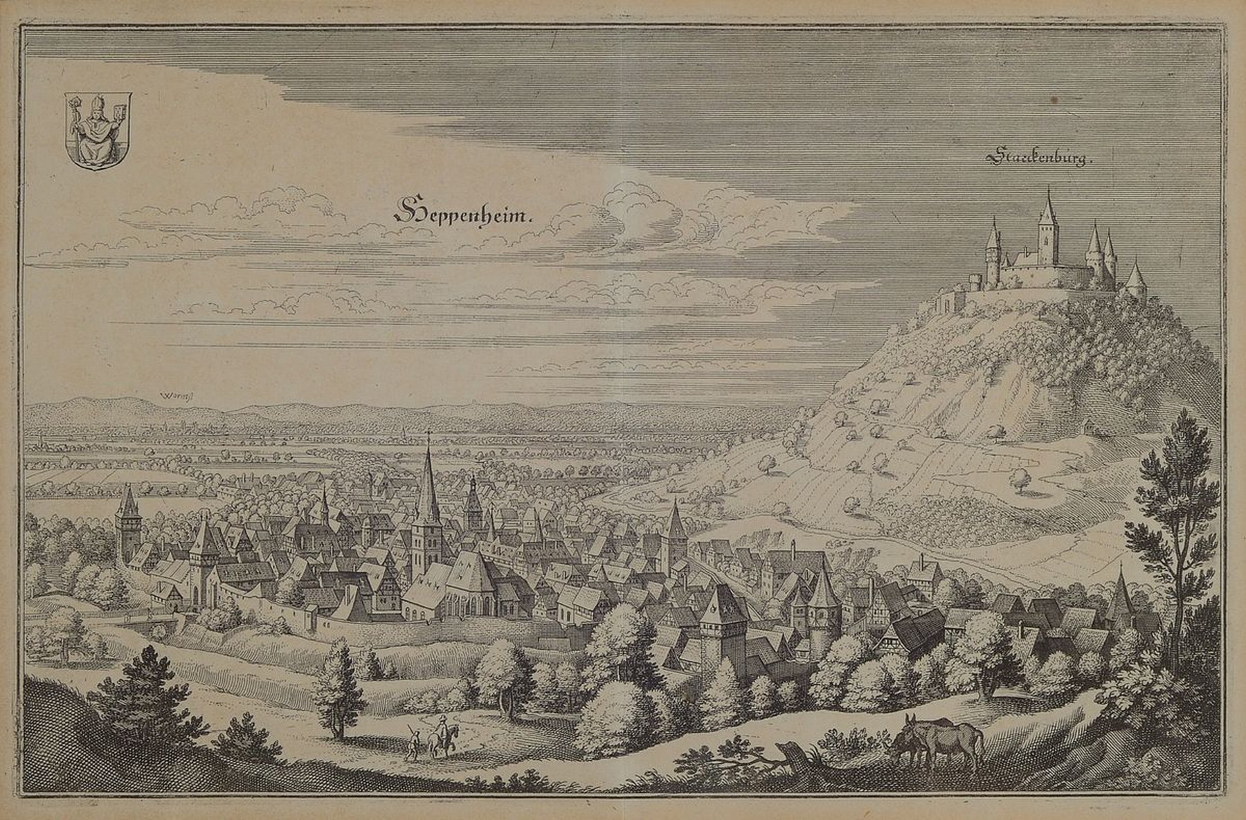 Detail b: Konvolut aus 7 Kupferstichkarten, nach Matthäus Merian, 17./18.Jh., Städte entlang der Weinstraße u. der Pfalz: Germersheim, Neustadt an der ...