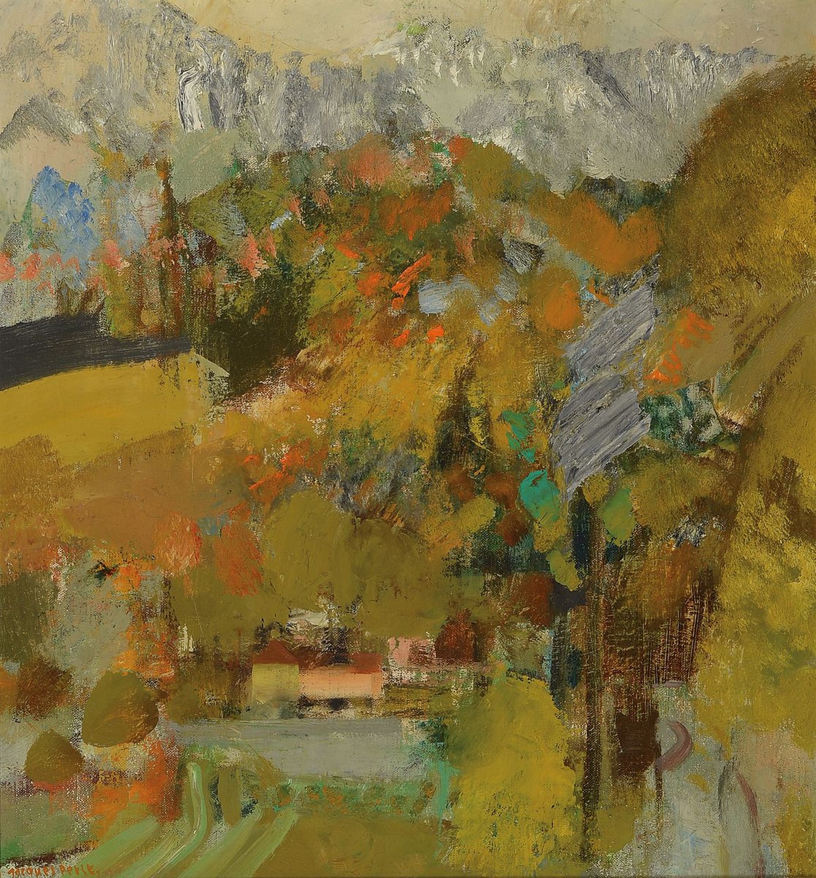 Jacques Petit, 1925 - 2019,, Landschaftsdarstellung, Alpenlandschaft bei Grenoble, "Noyarey", Öl/Lwd, li. u. signiert, breiter Duktus, ...