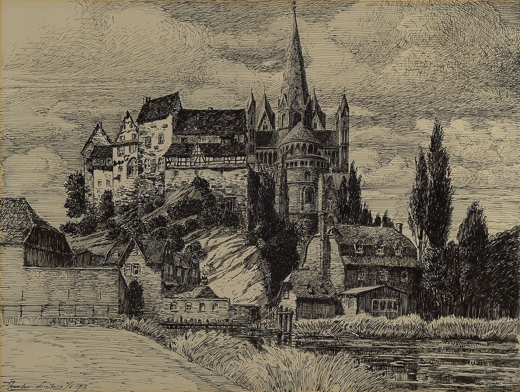 Paul Irmler, Künstler tätig erste Hälfte 20. Jh., Ansicht von Limburg, mit Dom, Tuschezeichnung, li.u. signiert und dat. 1914 ?, leicht gebräunt, ...