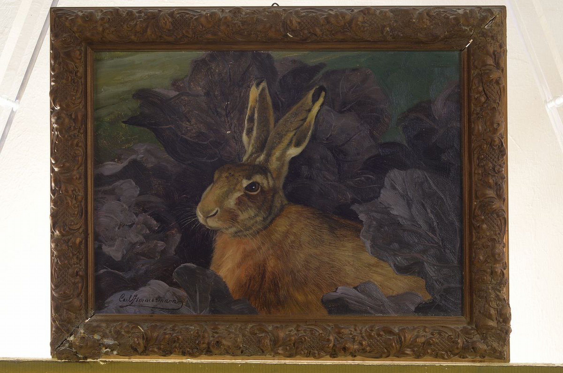 Detail k: Carl Zimmermann, 1864 Halberstadt-1930 Goslar, Hase, Öl/Holz, links unten signiert, ca. 25x35cm, R. ca. 32x42cm