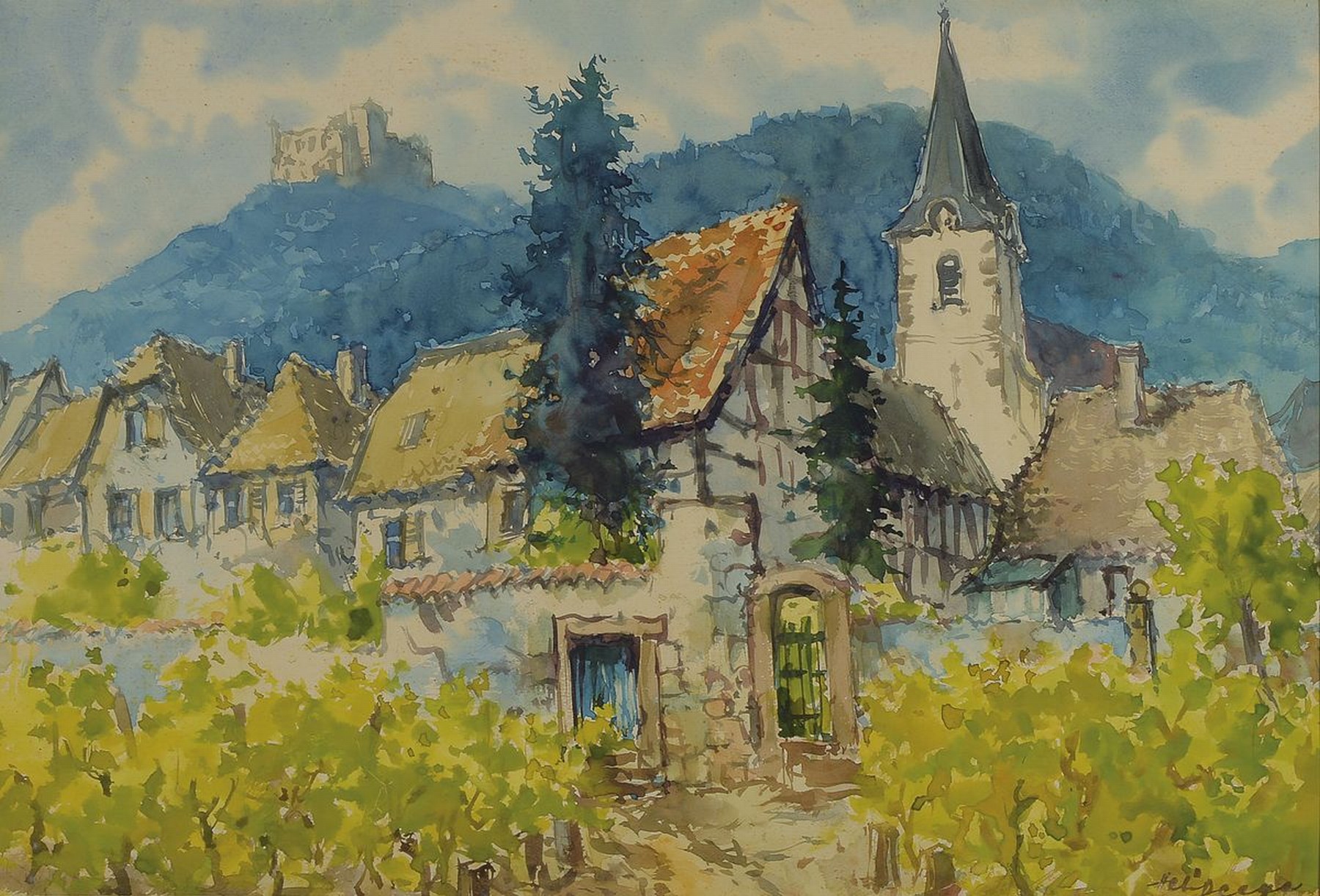 Heiner Deege, 1920-2007 Haßloch, 2 Aquarelle: Ansicht aus Rhodt unter Rietburg, signiert, ca. 44x34cm, u.Gl., R. ca. 52x42cm; Blick auf Hambach und ...