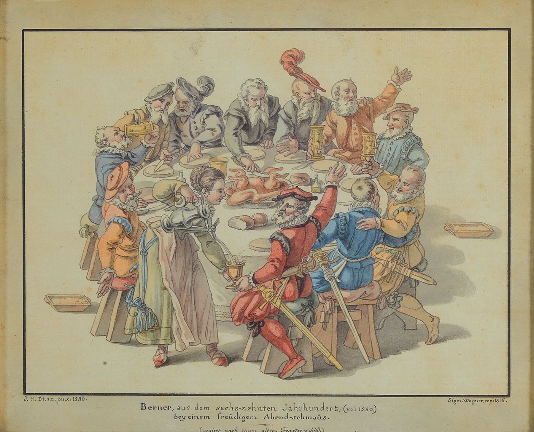 Sigmund Franz Wagner, 1759-1835, Kopie nach J.H. Dünz von 1580: "Berner, aus dem sechs-zehnten Jahrhundert, bey einem freudigen ...