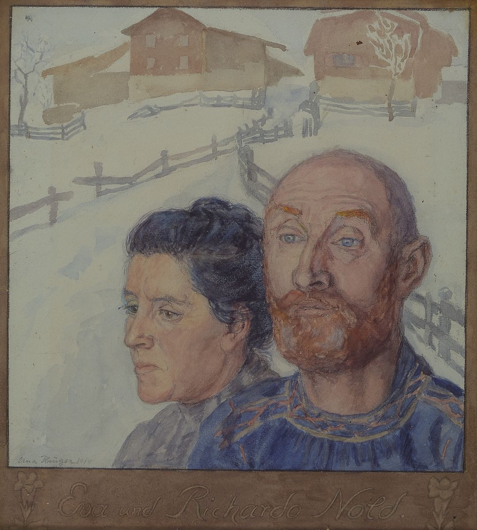 Erna Krüger, 1883 Wittenberg - 1973 Osterode , Doppelporträt, Eva und Richardo Nold, vor verschneitem Gehöft, links unten sign. u. dat. 1914, ...