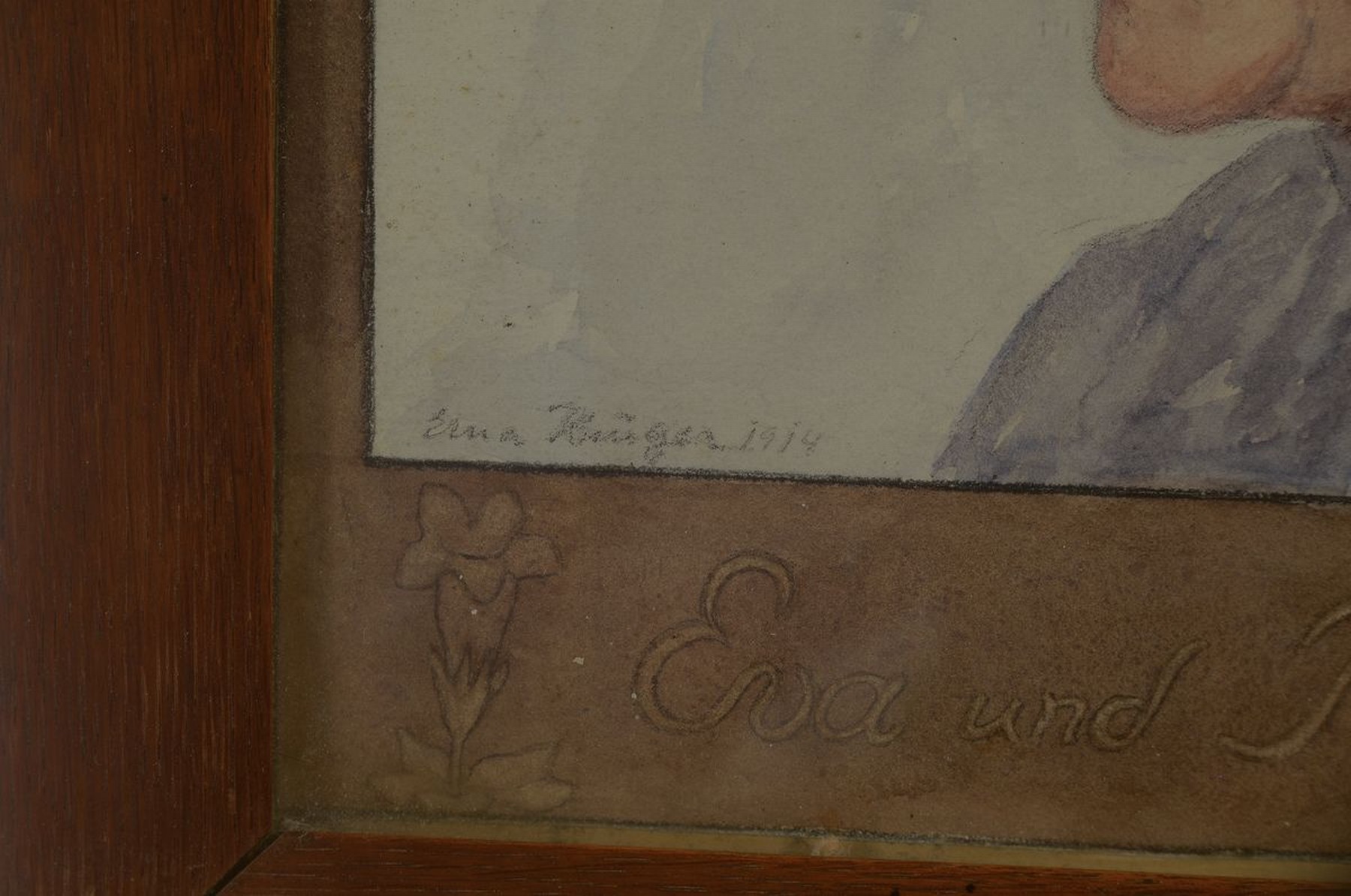 Detail a: Erna Krüger, 1883 Wittenberg - 1973 Osterode , Doppelporträt, Eva und Richardo Nold, vor verschneitem Gehöft, links unten sign. u. dat. 1914, ...