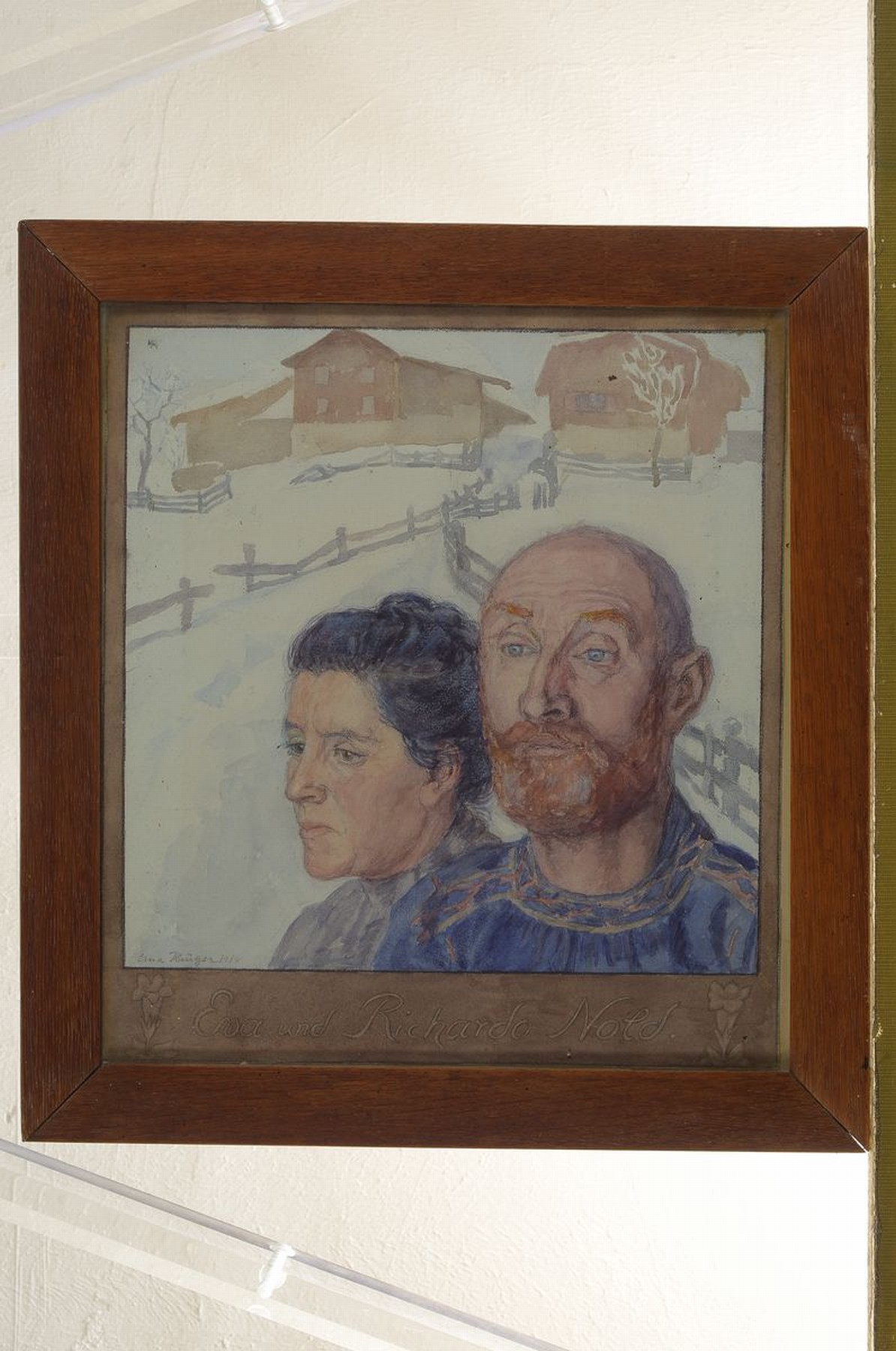 Detail k: Erna Krüger, 1883 Wittenberg - 1973 Osterode , Doppelporträt, Eva und Richardo Nold, vor verschneitem Gehöft, links unten sign. u. dat. 1914, ...