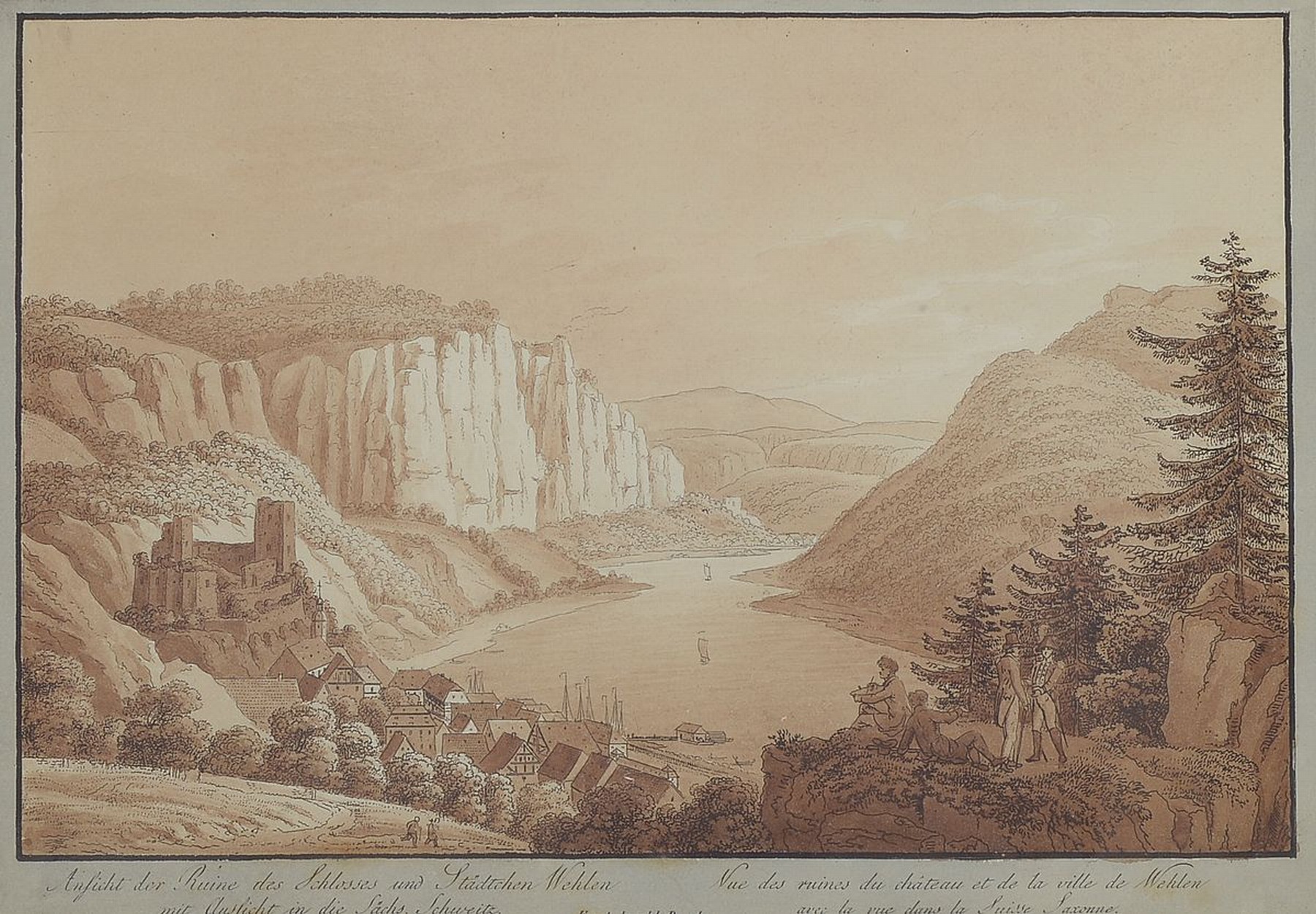 Ernst Arnold, deutscher Grafiker des 19.Jh.,"Ansicht der Ruine des Schlosses und Städtchen Wehlen mit Aussicht in die Sächs. Schweiz", ...