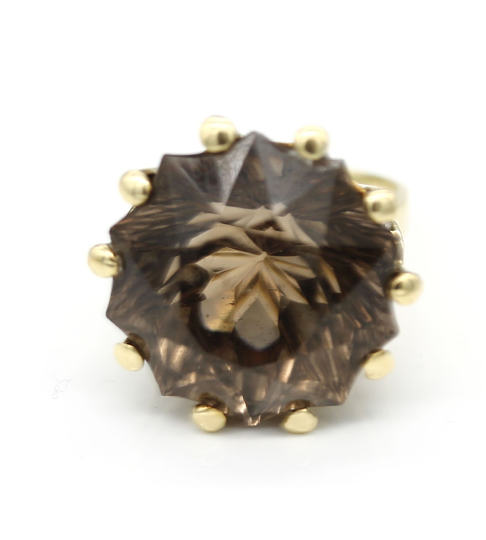 Detail c: 14 kt Gold Ring mit Rauchquarz, GG 585/000,deutsch um 1940/50, hoch aufgebauter Ringkopf besetzt mit rundfacett. Quartz, RW 54, ca. 13.1 g