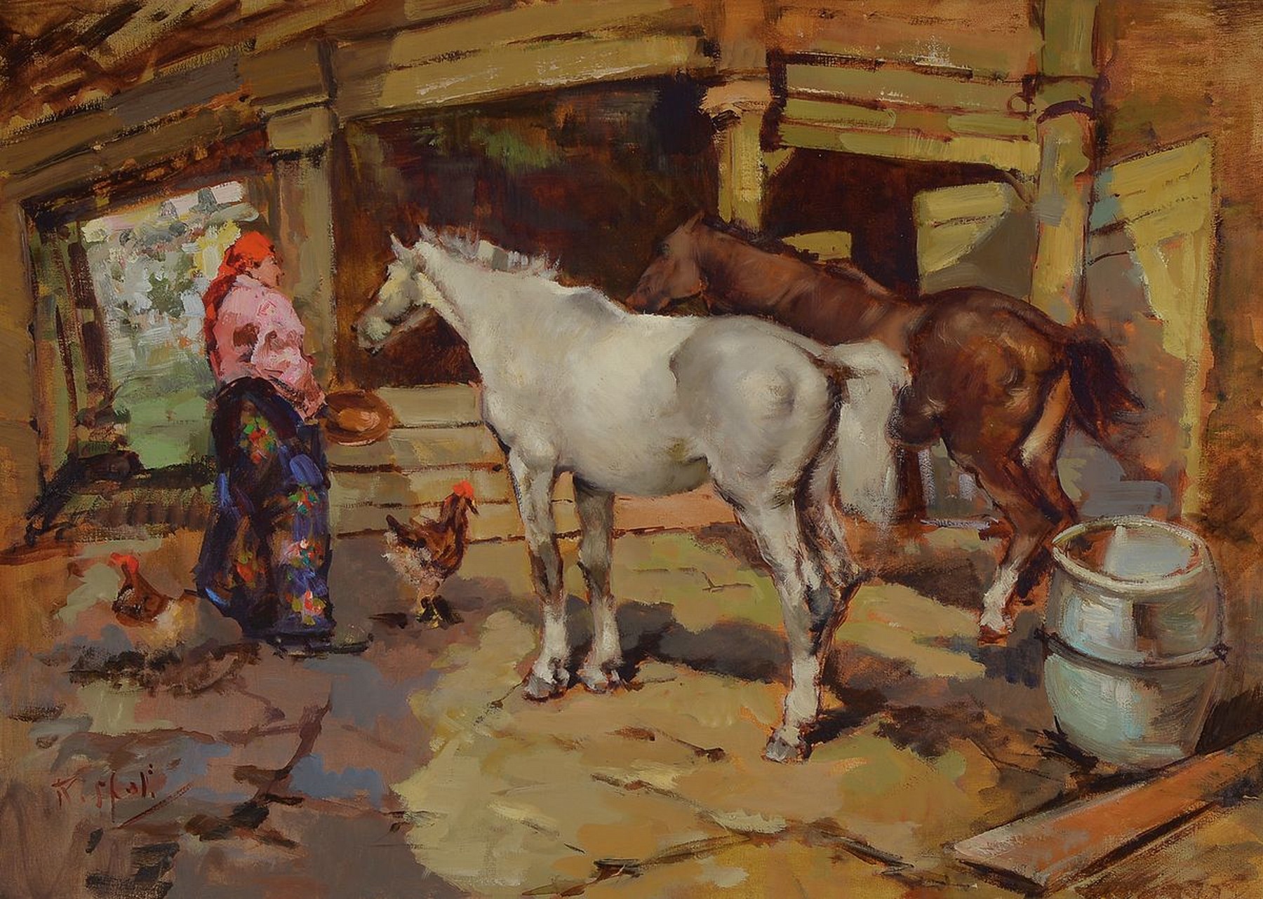 Franco Rispoli, 1821-1989, italienischer Genre- und Porträtmaler, Szene im Pferdestall, links unten signiert, Öl/Lwd, R. ca. 73x93 cm