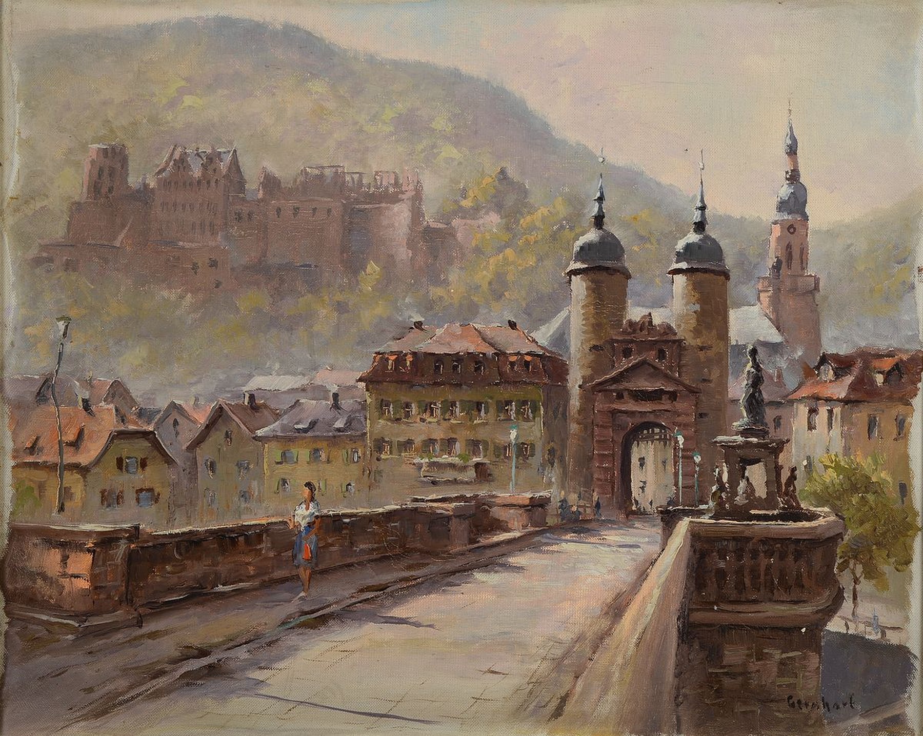 Gernhart, Maler der 1. Hälfte des 20. Jh., Blick auf die Alte Brücke in Heidelberg, im Hintergrund das Schloß, Öl/Lwd, rechts unten signiert, ca. ...