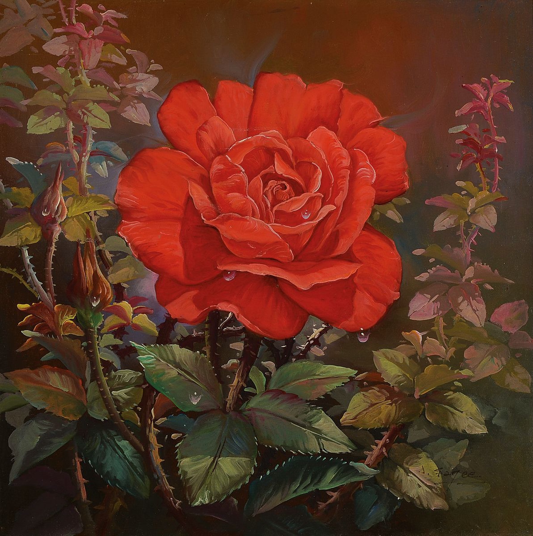Zeitgenössischer Traditionalist, Rosenblüte, Öl/Lwd, realistische Malerei mit Details wie Wassertropfen, Öl/Holz, rechts unten unleserlich ...