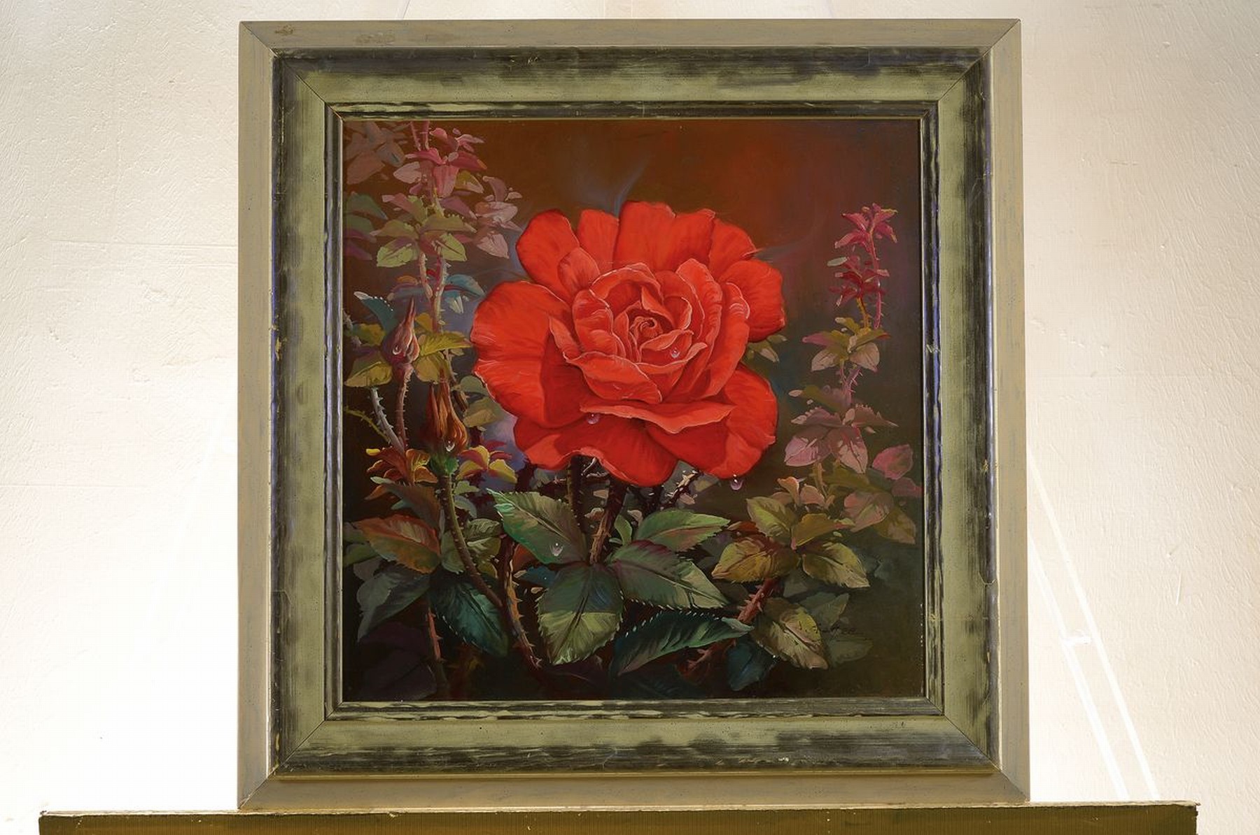 Detail k: Zeitgenössischer Traditionalist, Rosenblüte, Öl/Lwd, realistische Malerei mit Details wie Wassertropfen, Öl/Holz, rechts unten unleserlich ...
