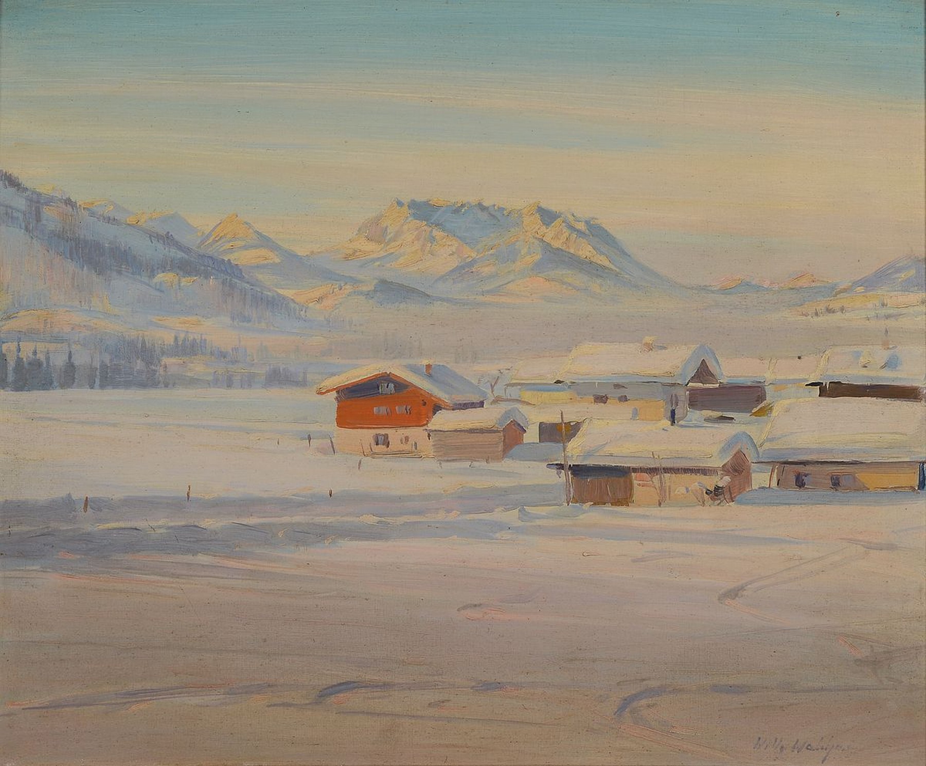 Willy Walcher, 1914 Lenggries-1986, Studium an der Akademie München, hier: Verschneite Winterlandschaft in den Alpen, Öl/Malkarton, rechts unten ...