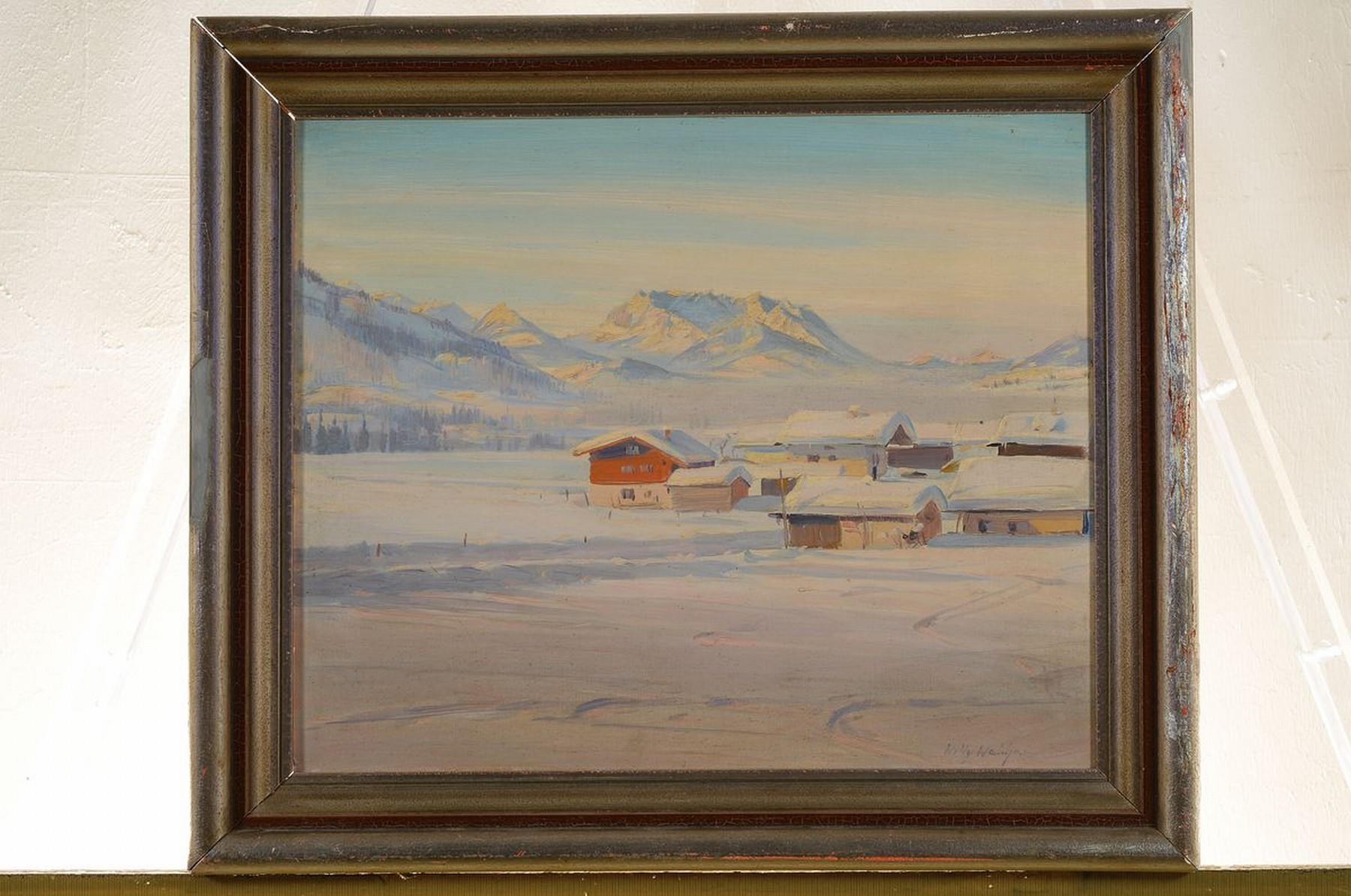 Detail k: Willy Walcher, 1914 Lenggries-1986, Studium an der Akademie München, hier: Verschneite Winterlandschaft in den Alpen, Öl/Malkarton, rechts unten ...