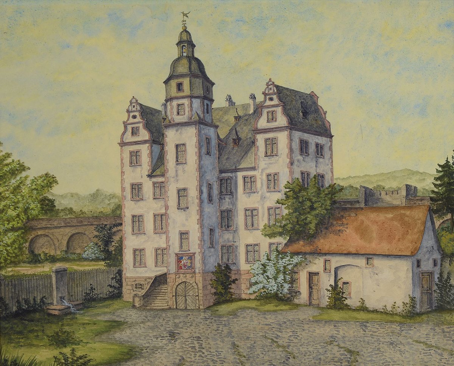 Unbekannter Maler, deutsch, um 1900, Das alte Pädagog in Darmstadt, Blick auf den Renaissancebau der ältesten höheren Schule in Darmstadt, Gouache ...