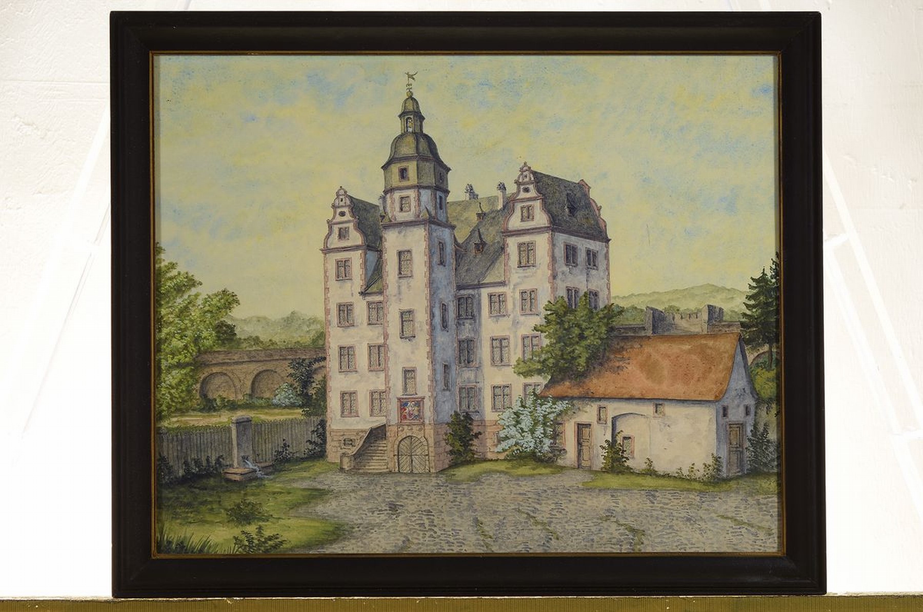 Detail k: Unbekannter Maler, deutsch, um 1900, Das alte Pädagog in Darmstadt, Blick auf den Renaissancebau der ältesten höheren Schule in Darmstadt, Gouache ...