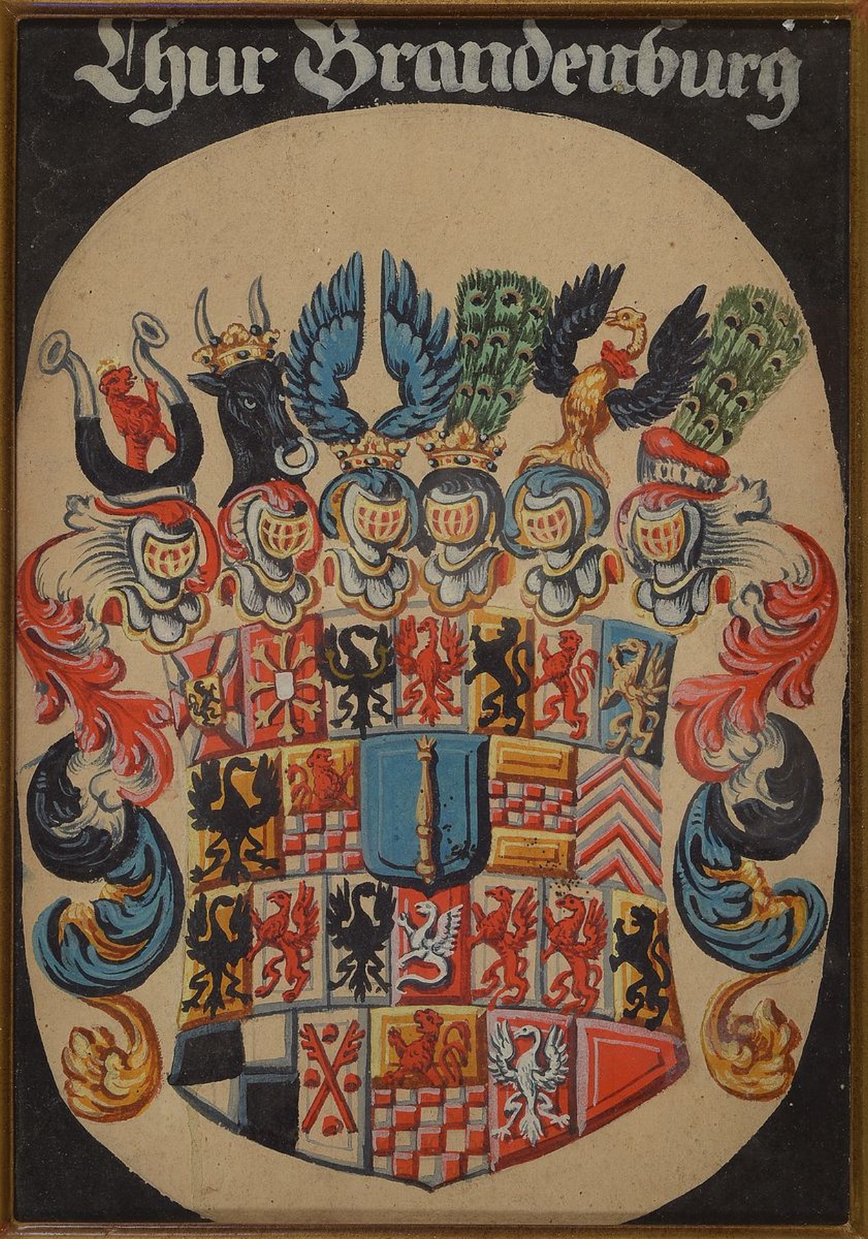 Wappenmalerei, deutsch, 2. Hälfte 18. Jh., Chur Brandenburg, feine bunte Gouachemalerei auf Papier (altersbedingt gebräunt), ca. 30x21cm, u.Gl., R. ...