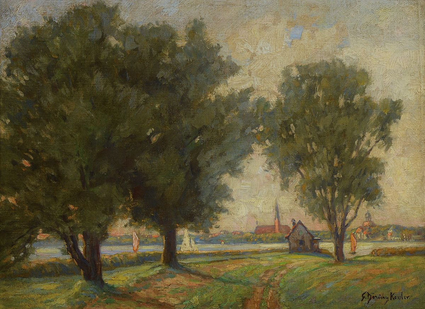 Susanne Döring-Kessler, 1870-1937 Berlin, Schülerin von Max Liebermann, hier: Blick über die Havel auf Berlin Lichterfelde, Öl/Malkarton, rechts ...