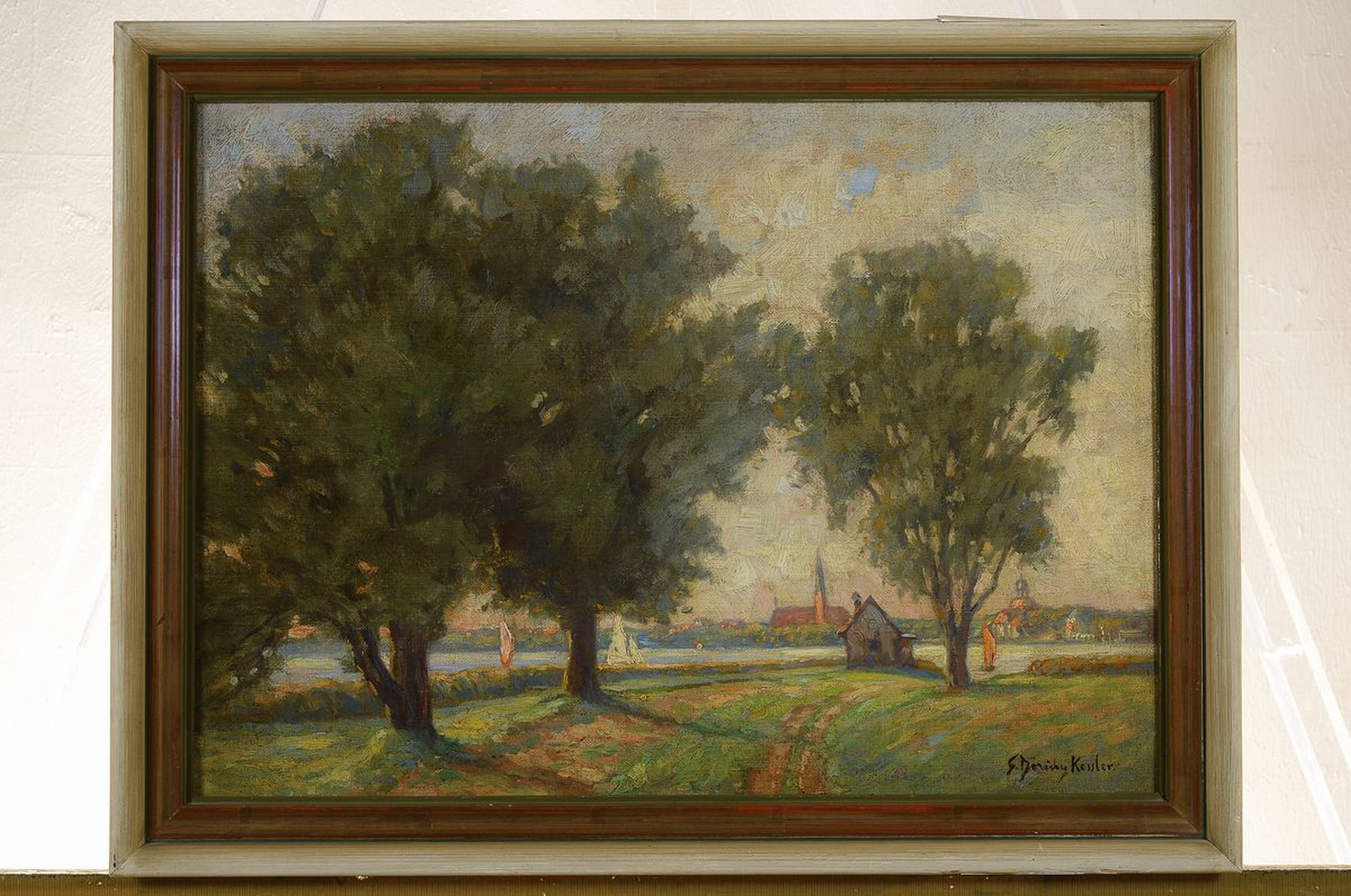 Detail k: Susanne Döring-Kessler, 1870-1937 Berlin, Schülerin von Max Liebermann, hier: Blick über die Havel auf Berlin Lichterfelde, Öl/Malkarton, rechts ...
