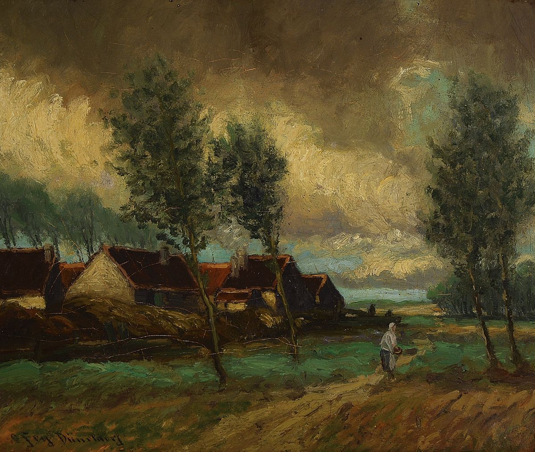 Oswald Fey, Düsseldorfer Maler, um 1900, Heimkehrende Reisigsammlerin, Abendstimmung, Öl/Lwd, links unten signiert O. Fey Düsseldorf, ca. 36x42cm, ...