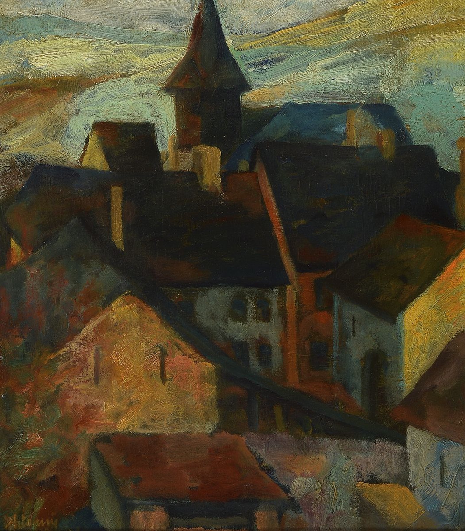 Hans Adamy, 1890 Trier-1976, Blick auf die Kirche St. Martin in Ensch an der Mosel, Öl/Lwd, links unten signiert und dat. 1939, ca. 40x35.5cm, R. ...