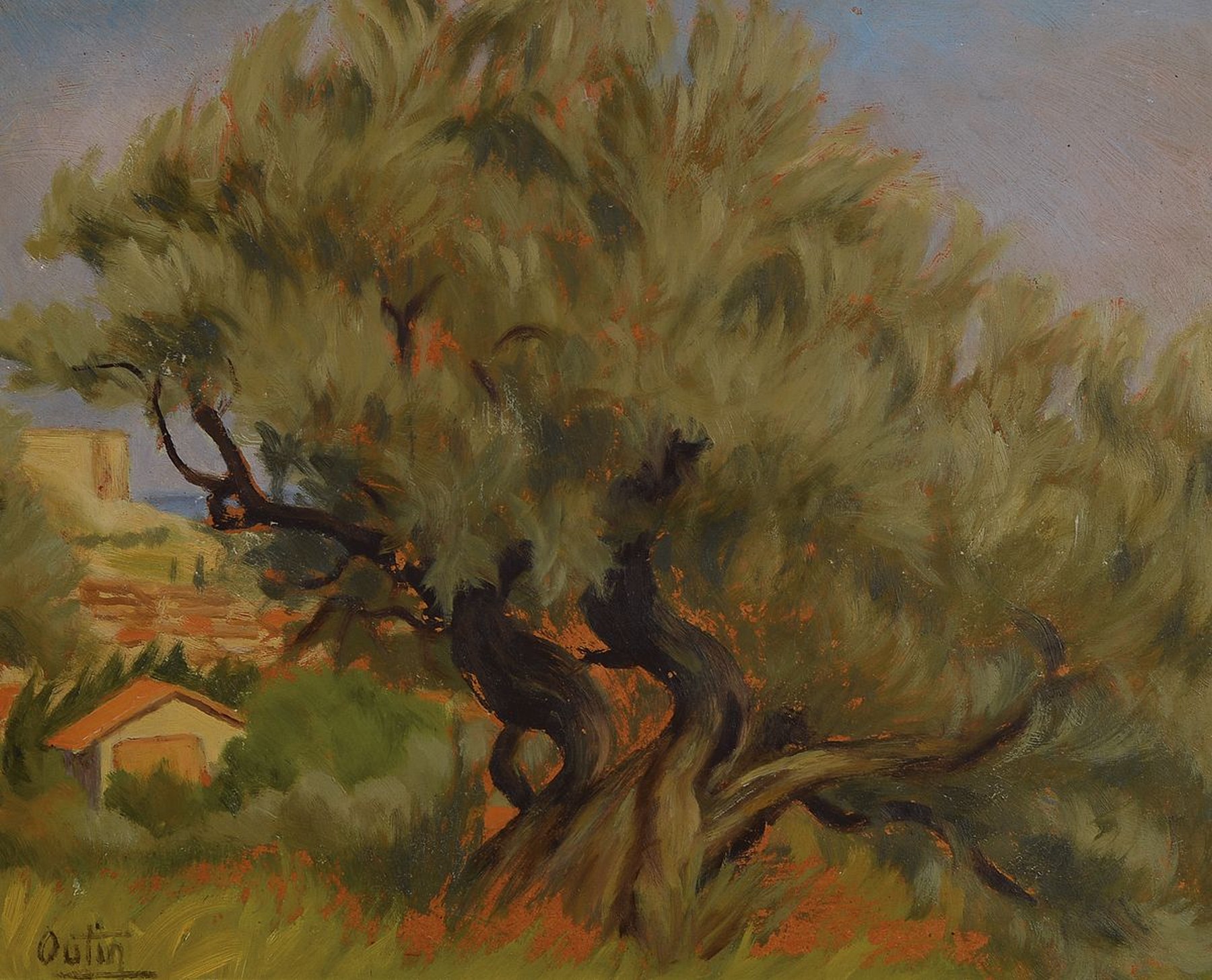 Julien Outin, französischer Maler der 1. Hälfte des 20. Jh., knorriger Baum vor südlicher Landschaft, Öl/Hartfaser, links unten signiert, ca. ...
