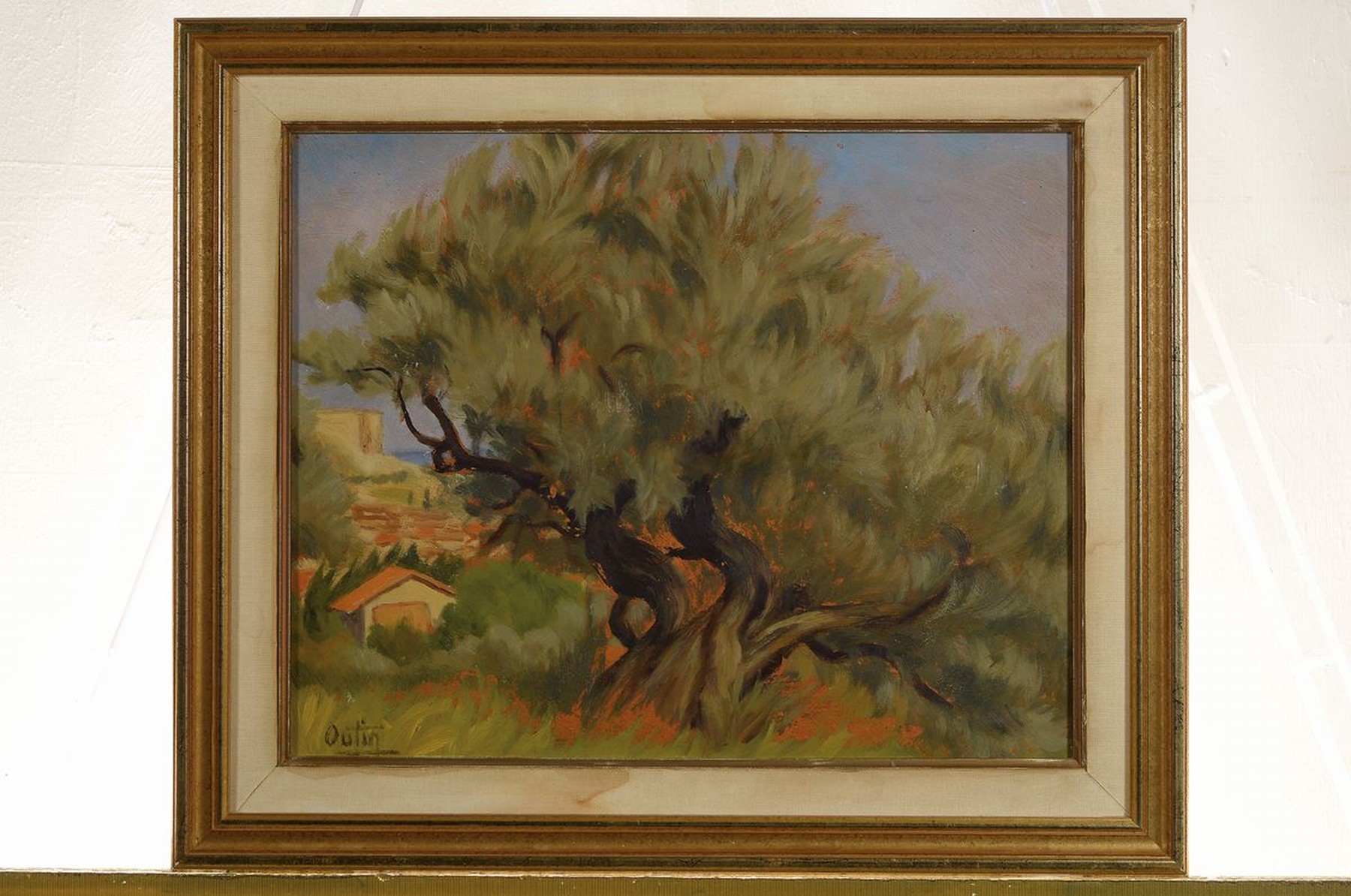Detail k: Julien Outin, französischer Maler der 1. Hälfte des 20. Jh., knorriger Baum vor südlicher Landschaft, Öl/Hartfaser, links unten signiert, ca. ...