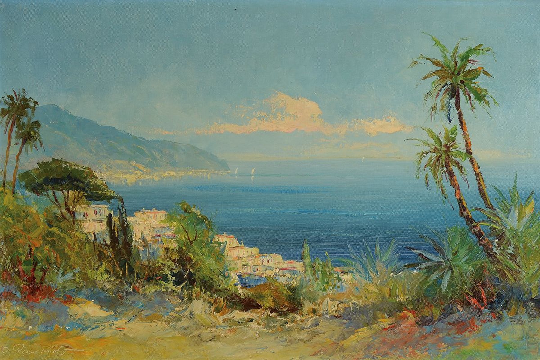 P. Ramondo, Maler der Mitte des 20. Jh., Küstenlandschaft in Sizilien, Öl/Lwd, links unten signiert, ca. 40x60cm, R. ca. 44x64cm
